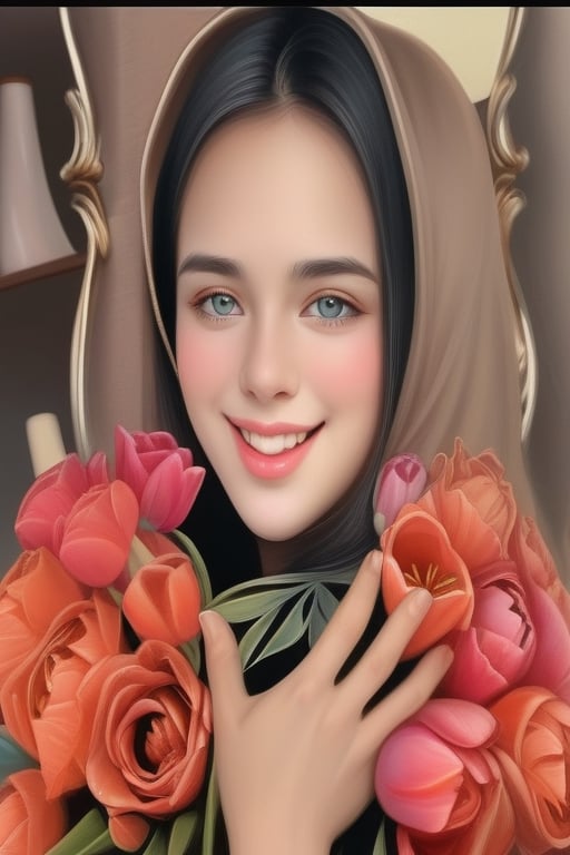 quality,4k,8k,highres,masterpiece:1.2),ultra-detailed,(realistic,photorealistic,photo-realistic:1.37),medium:oil painting,1girl,colorful flowers,garden setting,natural lighting,blooming flowers,green foliage,beautiful detailed eyes,beautiful detailed lips,natural makeup,gently smiling face,brown wavy hair,floral patterned hat,delicate hands with long fingers,flowing elegant dress,holding a meticulously arranged bouquet of various flowers,freshly picked roses,tulips,lilies,peonies,daisies,hydrangeas,exquisite details on each flower petals,soft and vibrant colors,subtle shadows and highlights,gentle breeze caressing the flowers,full of life and energy,charming and confident expression,a bee hovering around the bouquet,classical and elegant atmosphere,more detail XL