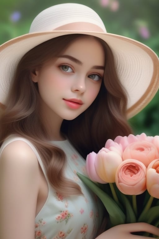 quality,4k,8k,highres,masterpiece:1.2),ultra-detailed,(realistic,photorealistic,photo-realistic:1.37),medium:oil painting,1girl,colorful flowers,garden setting,natural lighting,blooming flowers,green foliage,beautiful detailed eyes,beautiful detailed lips,natural makeup,gently smiling face,brown wavy hair,floral patterned hat,delicate hands with long fingers,flowing elegant dress,holding a meticulously arranged bouquet of various flowers,freshly picked roses,tulips,lilies,peonies,daisies,hydrangeas,exquisite details on each flower petals,soft and vibrant colors,subtle shadows and highlights,gentle breeze caressing the flowers,full of life and energy,charming and confident expression,a bee hovering around the bouquet,classical and elegant atmosphere,more detail XL