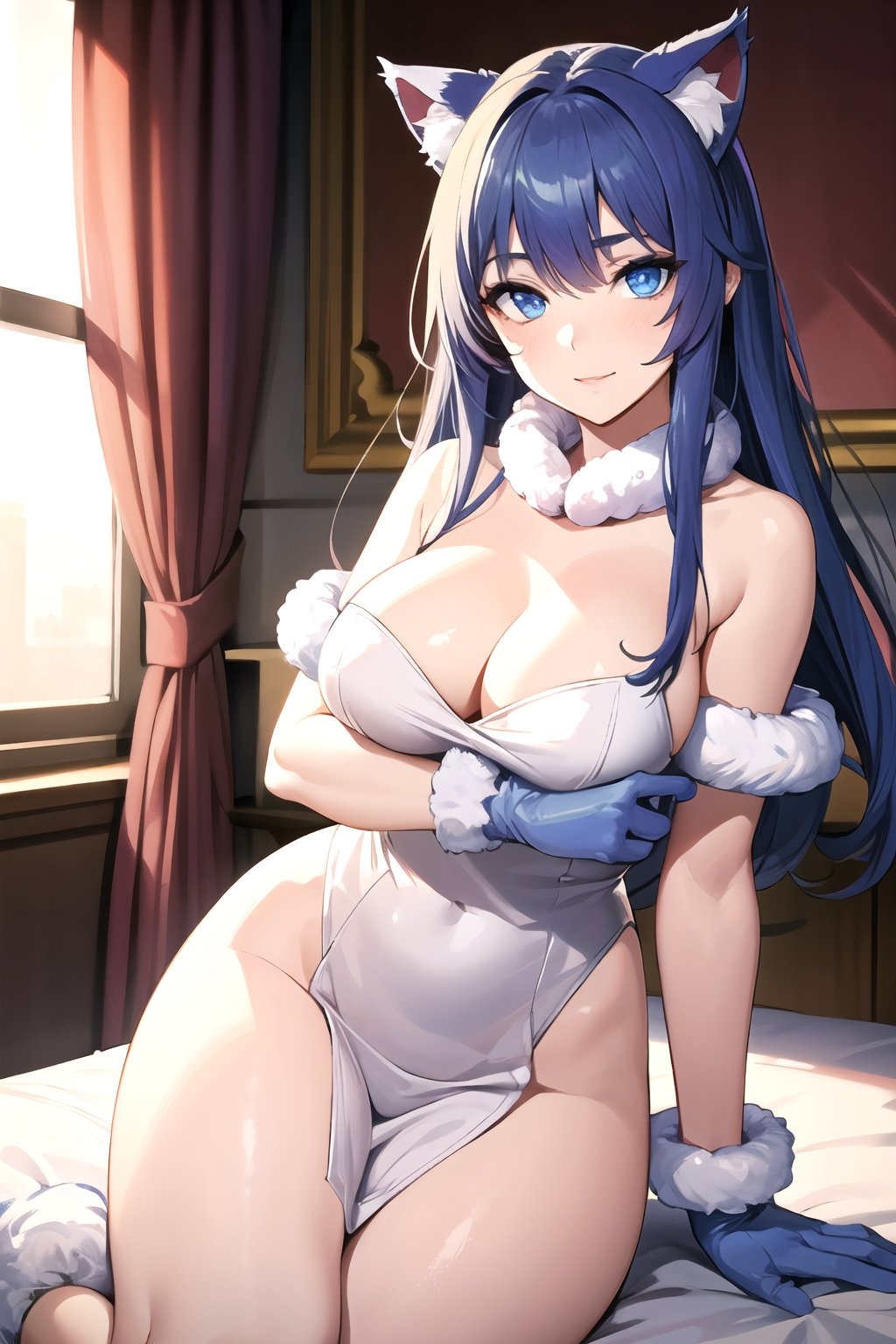 (best quality, ultra-high-detailed), 1girl, (Darling, on bed in luxury bedroom, fur cat ears, white full lenght fur coat, gloves, fur collar, blue-violet hair, loose hair, long hair, blue eyes, makeup, perfect breasts, voloptuous, beautiful face, beautiful eyes),18+,sexy, Masterpiece, More Detail, dynamic pose, 