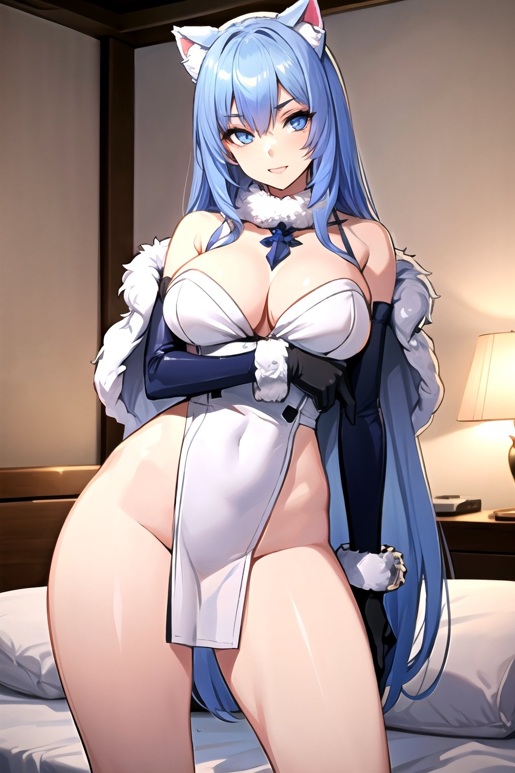 (best quality, ultra-high-detailed), 1girl, (Darling, on bed in luxury bedroom, fur cat ears, white full lenght fur coat, gloves, fur collar, blue-violet hair, loose hair, long hair, blue eyes, makeup, perfect breasts, voloptuous, beautiful face, beautiful eyes),18+,sexy, Masterpiece, More Detail, dynamic pose, 