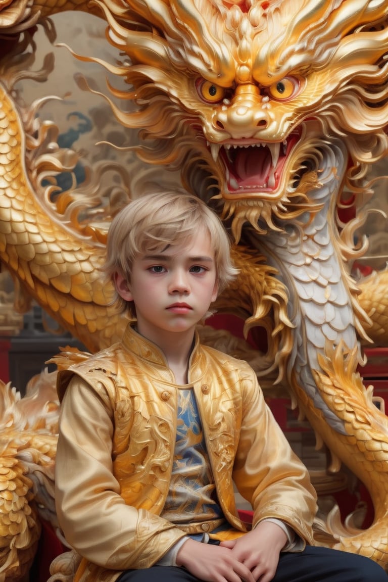 (close view, masterpiece, best quality, highres), 1boy, neuvillette, upper body, looking at viewer, serious expression, (detailled background, sitting on a throne),dragon chinese,golden dragon