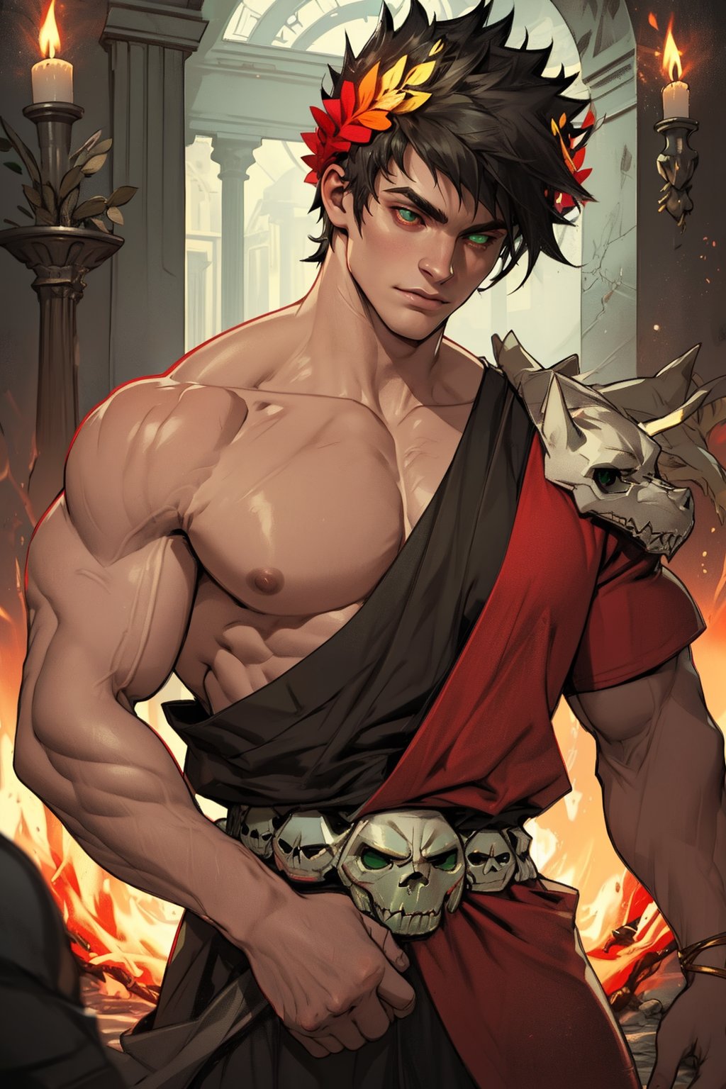 In a dimly lit, mystical chamber, Zagreus, the boy with black hair and heterochromia, wears a laurel crown atop his skull. His left eye gleams green, while his right eye shines red, as if lit by an inner fire. Muscular shoulders bare to the air, highlighting his buff physique. The single, exposed shoulder blade serves as a focal point for his rugged, athletic build, drawing attention to his impressive muscles.