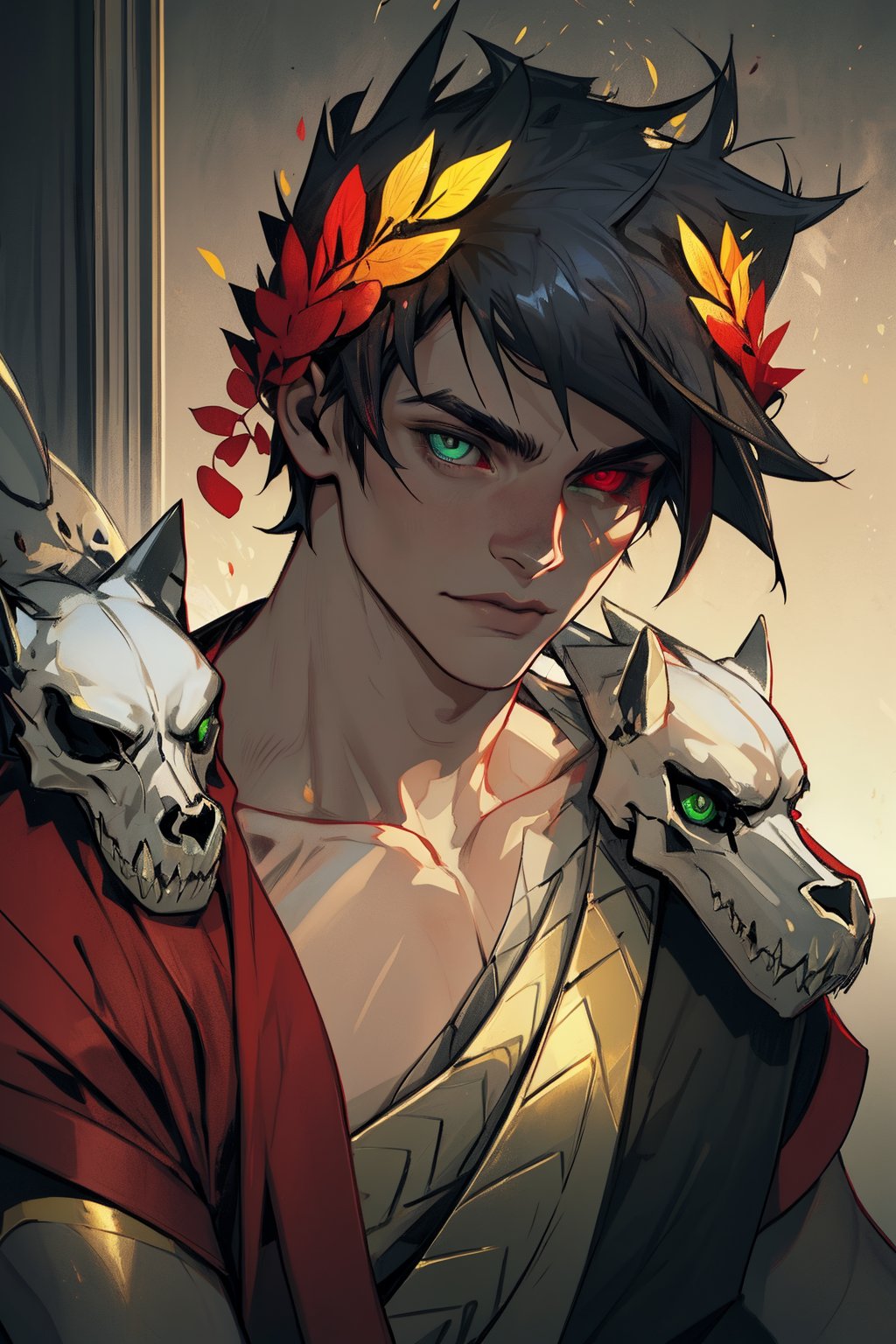 A hauntingly beautiful shot of Zagreus, a dark-haired boy adorned with a laurel crown. He poses proudly, his muscular physique evident beneath his attire. His eyes are an otherworldly feature, with the left eye gleaming like emeralds and the right eye radiating a deep crimson hue due to heterochromia. The skull, symbolizing mortality, is subtly integrated into the scene. Soft, golden lighting illuminates the subject's strong features, while the dark background serves as a striking contrast.