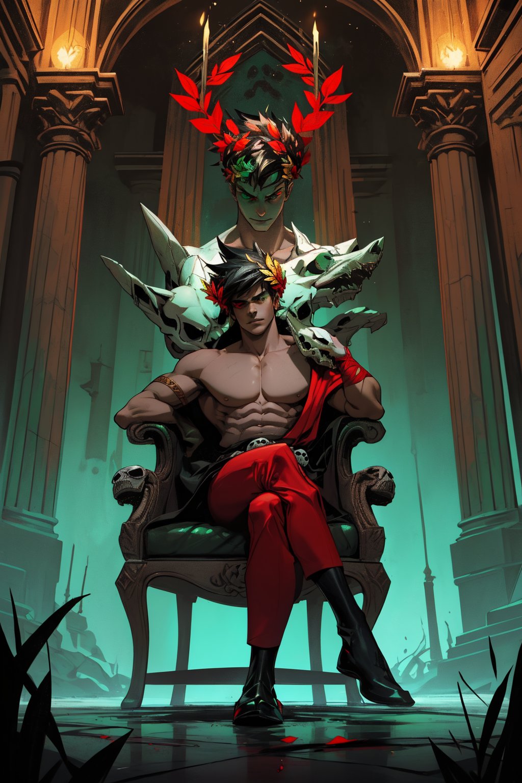 Zagreus, a brooding figure with jet-black hair and laurel crown, looms large within a dimly lit chamber shrouded in darkness. One boy, possessing a muscular build and striking heterochromia, sits submissively at his feet. The subject's left eye gleams emerald green while the right burns crimson red. A nearby skull, symbolizing mortality, appears to be reverently placed as if acknowledging Zagreus' dark power. Framed by shadows, this unsettling tableau exudes an air of foreboding and mystique.