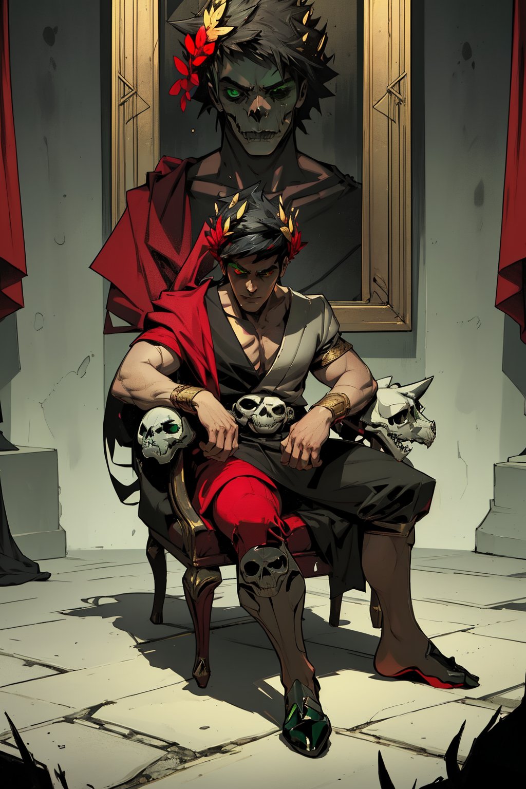 A dark and mystical scene unfolds: Zagreus,  a brooding figure with jet-black hair and a laurel crown,  dominates the fram...