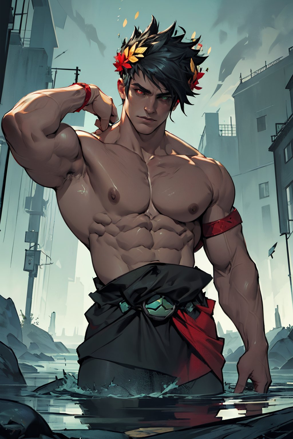 A dark and moody atmosphere surrounds Zagreus, a powerful male figure with striking heterochromatic eyes. His black hair falls like a curtain around his chiseled features as he proudly wears a laurel crown on his single, exposed shoulder. The left eye gleams green, while the right eye burns red, drawing attention to his sculpted muscles and buff physique. The camera zooms in on Zagreus's imposing figure, highlighting the definition of his large muscles as they ripple beneath his skin.