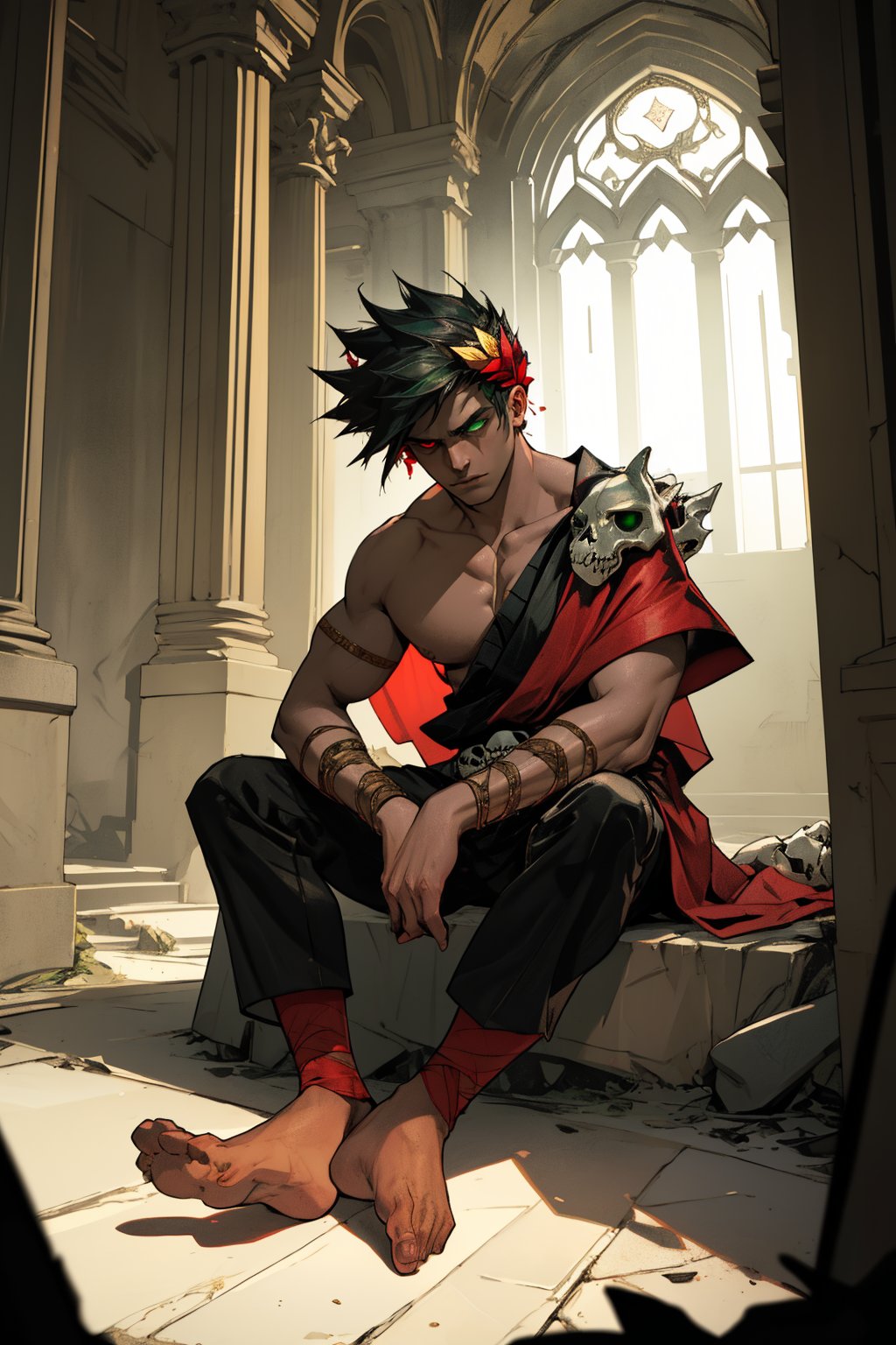 A brooding Zagreus, crowned with laurel and shrouded in darkness, looms over the diminutive figure of the heterochromatic youth, whose emerald green left eye and crimson red right eye seem to burn with an otherworldly intensity. The boy's muscular form is juxtaposed against the imposing presence of the god, as a human skull lies at their feet, a morbid reminder of mortality's fleeting nature. Amidst the dimly lit, shadowy chamber, the eerie tableau unfolds, casting an unsettling spell.