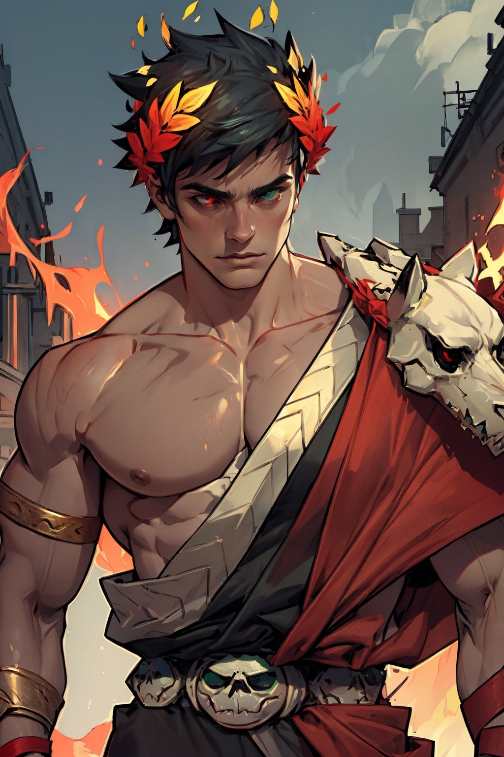 A majestic pose of Zagreus, the god with a laurel crown adorning his dark hair, sets against a dramatic backdrop. One boy, focused solely on Zagreus, gazes up at him with an otherworldly intensity. The subject's heterochromia is striking, as his left eye shines bright green and his right eye burns fiery red. His muscular physique is accentuated by the absence of clothing above the waist, showcasing a chiseled chest and broad shoulders. The laurel crown frames his skull, adding to the mystique of this powerful figure.