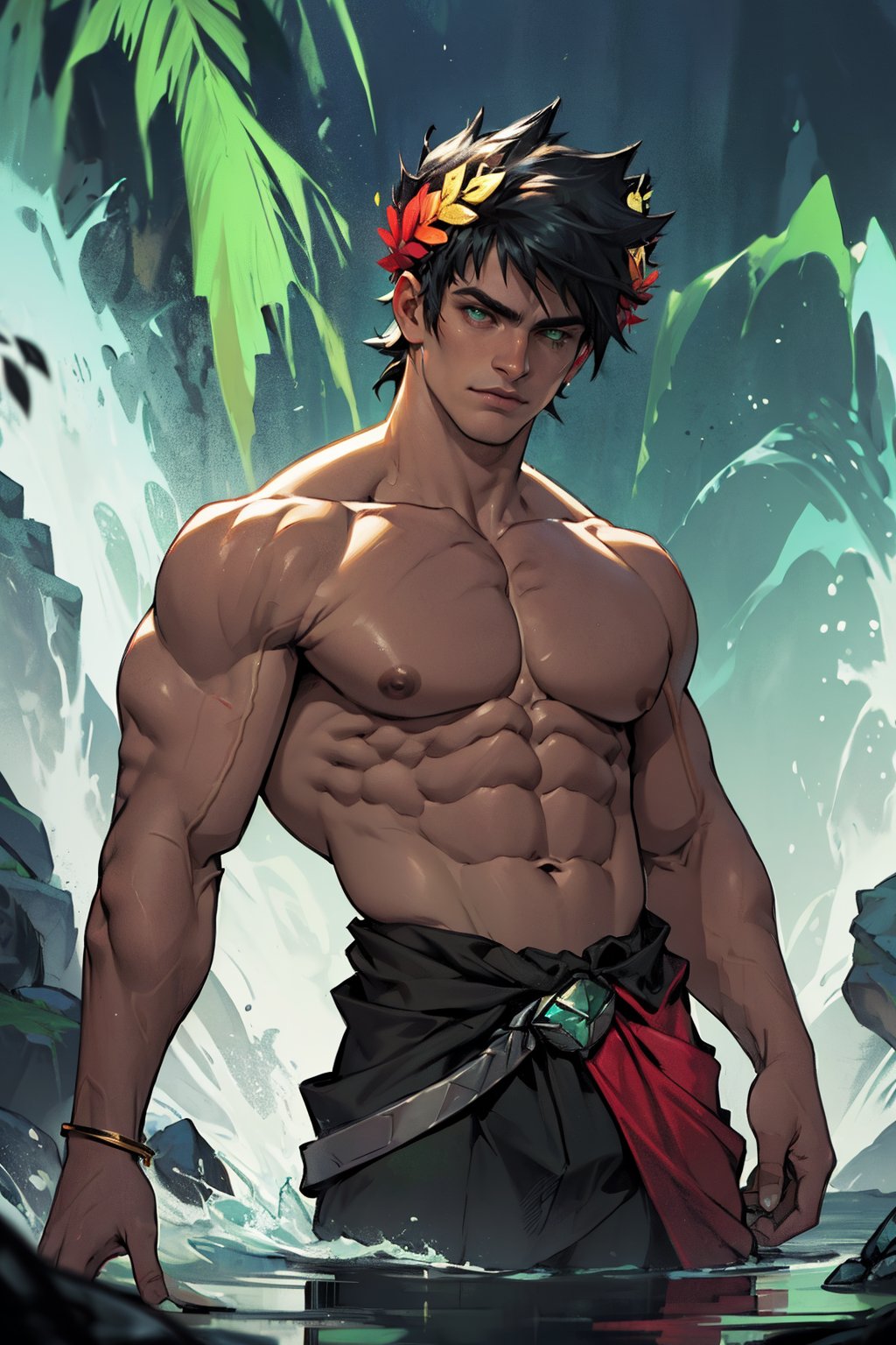 A dramatic depiction of Zagreus, the god of the underworld, donning a laurel crown. The camera focuses on a single male figure with black hair and striking heterochromatic eyes - his left eye gleams emerald green, while his right eye shines like rubies. His muscular physique is accentuated by buff shoulders, toned muscles rippling beneath his skin as he stands with confidence, the laurel wreath resting regally atop his dark locks.