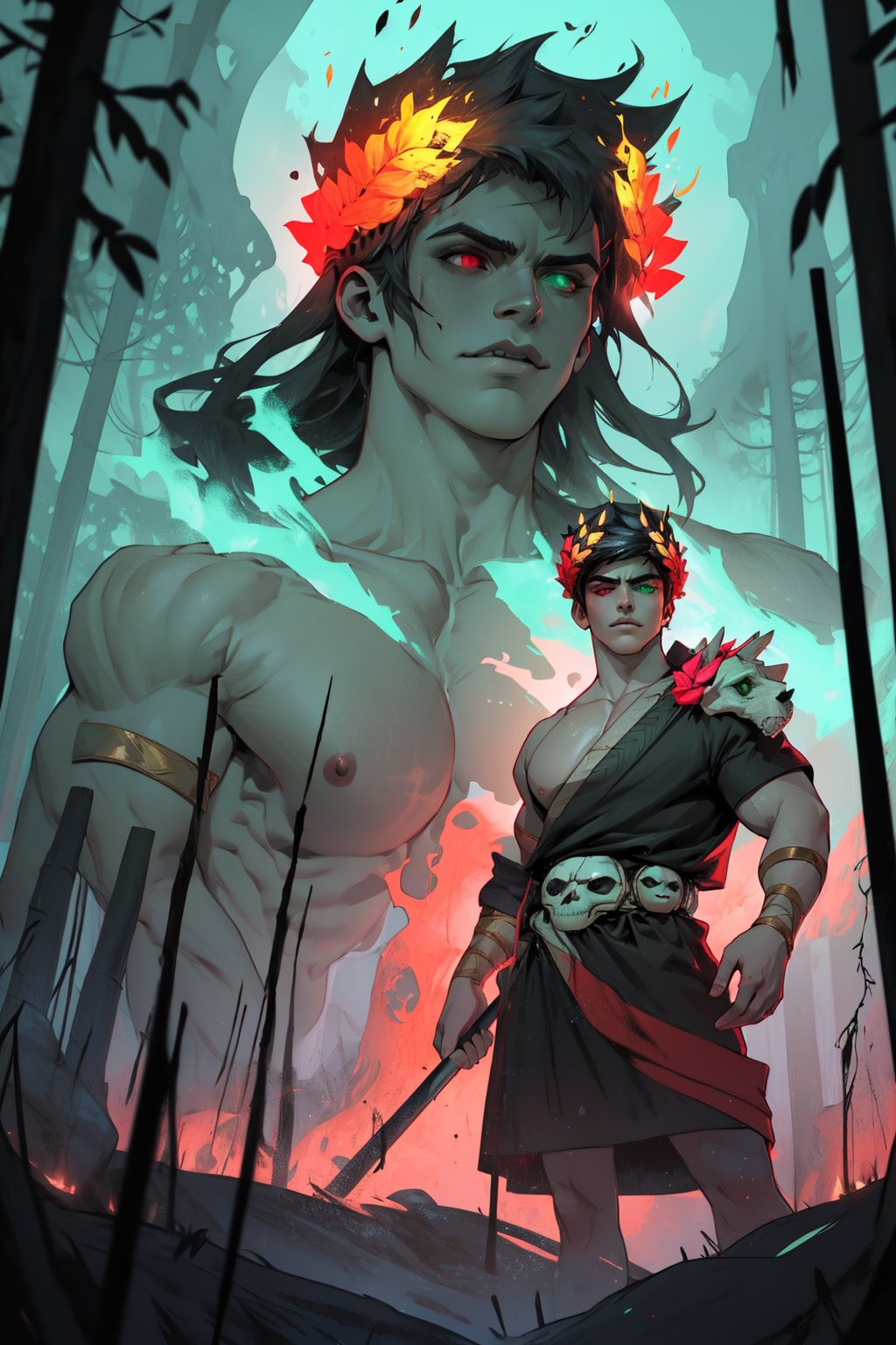 A dark and mystical forest setting, with misty fog swirling around ancient trees. Zagreus, a powerful and muscular boy with jet-black hair, wears a laurel crown atop his skull. His eyes are a striking feature, with the left eye glowing bright green and the right eye burning fiery red due to heterochromia. The camera frames him from below, emphasizing his imposing figure as he stands tall amidst the eerie atmosphere.