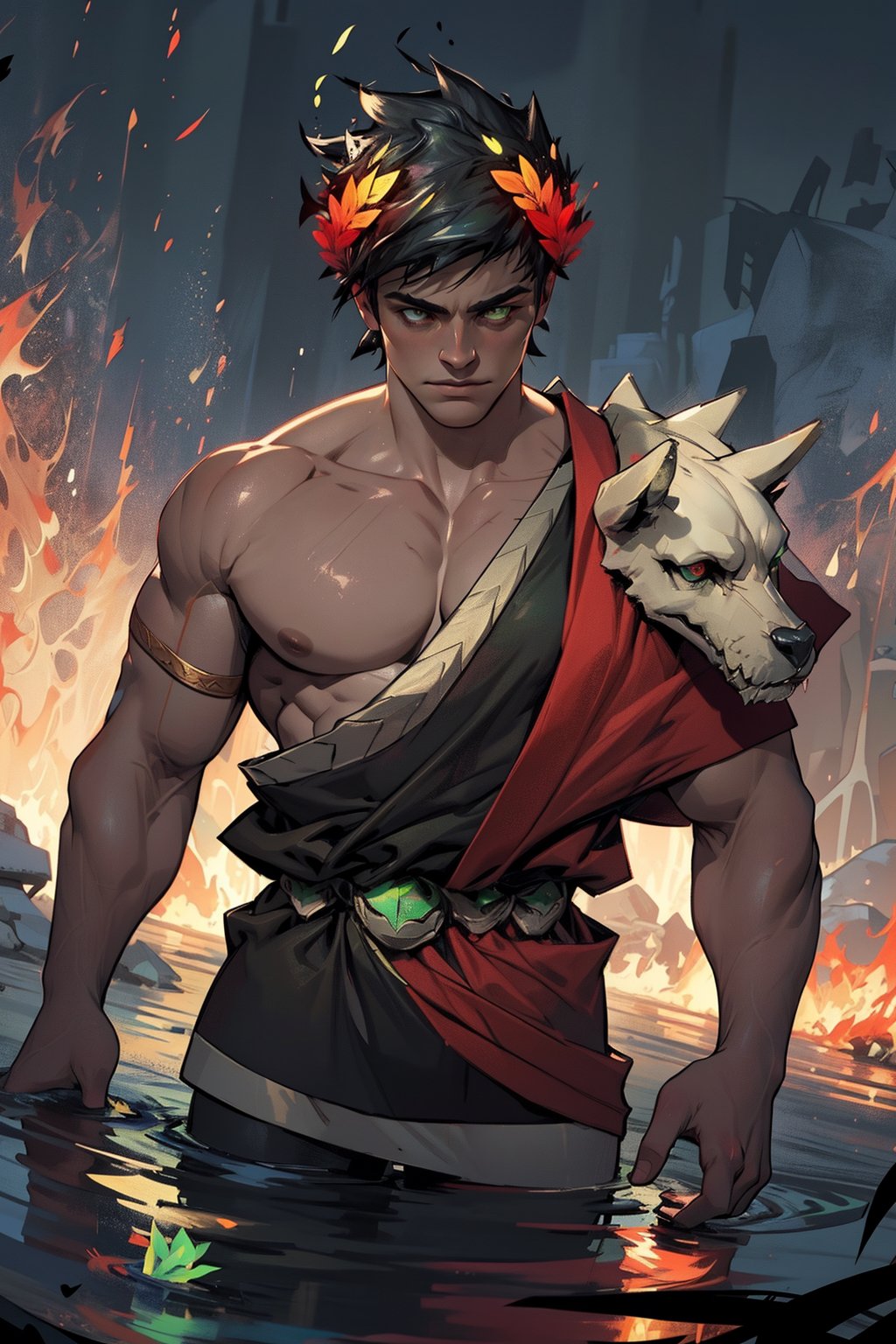 A mystical scene unfolds as Zagreus, a powerful figure with black hair and striking heterochromatic eyes - the left glowing green and the right burning red - wears a laurel crown amidst a somber backdrop. A single, bare shoulder is exposed, emphasizing his muscular physique, adorned with large muscles that ripple beneath his skin like a testament to his strength.