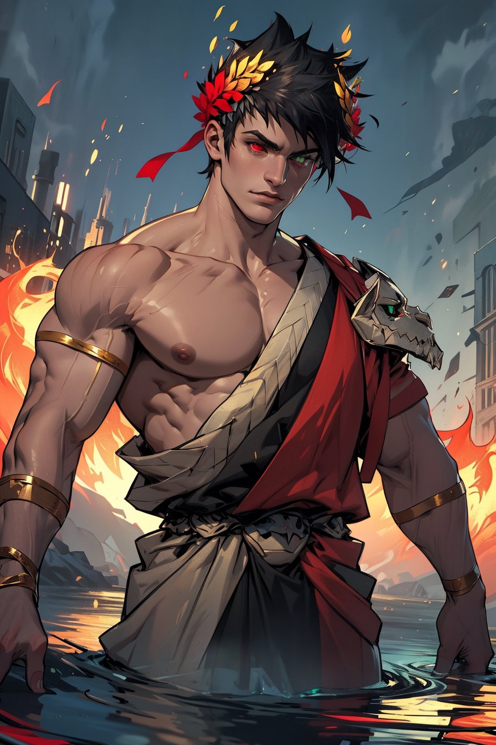 A dramatic pose unfolds as Zagreus, adorned with a laurel crown, stands proudly. A single, broad-shouldered boy, with black hair and striking heterochromia, gazes directly into the lens. His left eye shines like emeralds, while his right eye blazes with fiery red intensity. Well-defined muscles ripple beneath his skin, showcasing his impressive physique as he confidently displays his powerful frame. The laurel crown sits atop his dark locks, a symbol of triumph and glory.