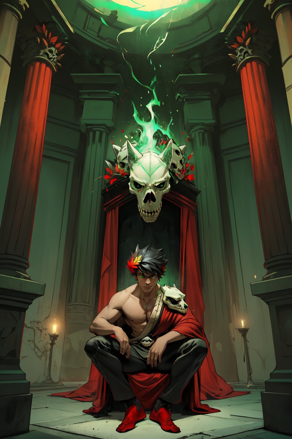 In a dimly lit, shadowy chamber, Zagreus, a brooding figure with jet-black hair and a laurel crown, commands the frame. At his feet sits a muscular boy, showcasing striking heterochromia - his left eye gleaming emerald green and his right burning crimson red. Nearby, a skull rests, seemingly in reverence to Zagreus' dark power, as the only light source casts an eerie glow on this unsettling tableau.