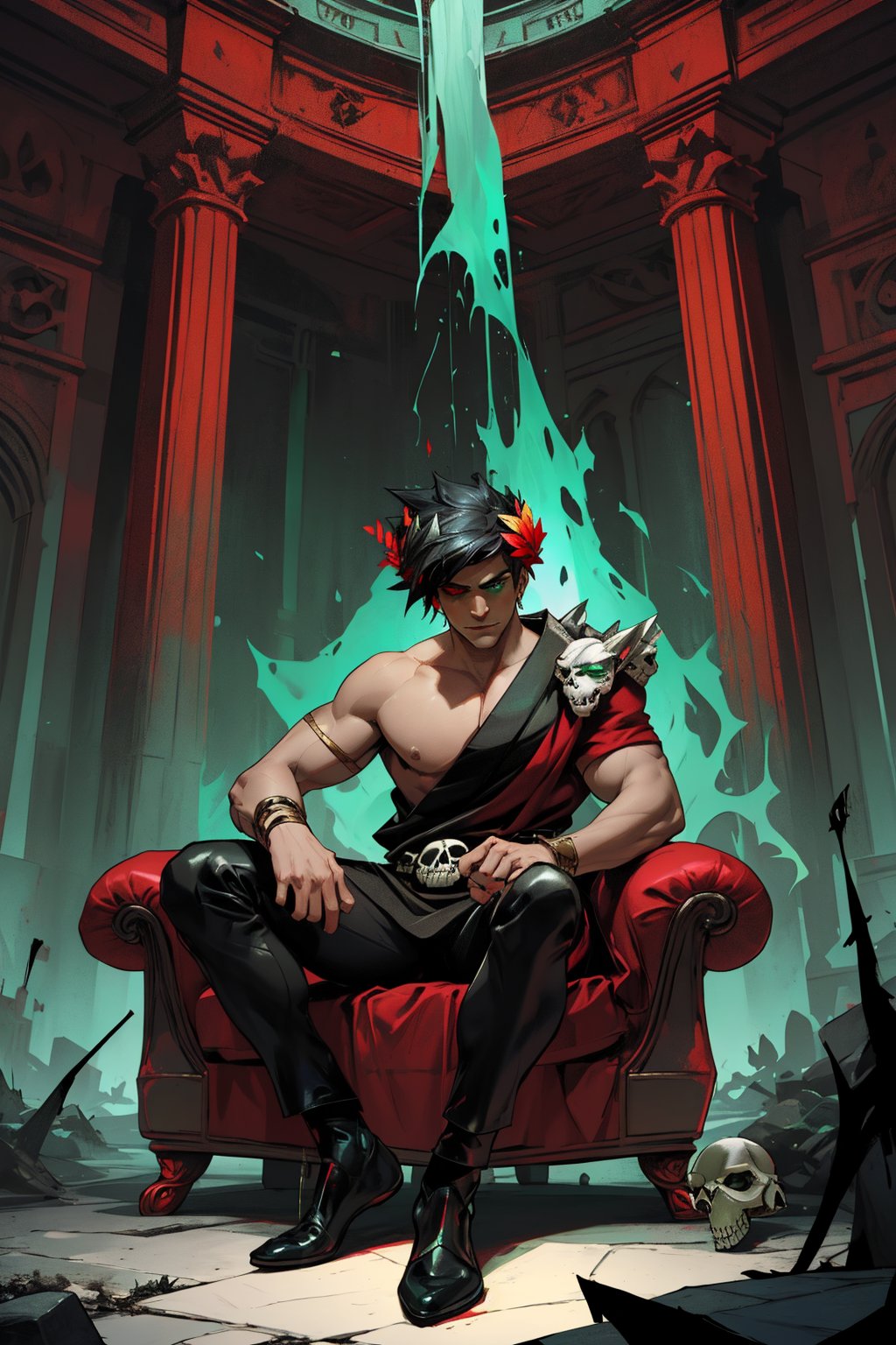 Zagreus, a brooding figure with jet-black hair and laurel crown, looms large within a dimly lit chamber shrouded in darkness. One boy, possessing a muscular build and striking heterochromia, sits submissively at his feet. The subject's left eye gleams emerald green while the right burns crimson red. A nearby skull, symbolizing mortality, appears to be reverently placed as if acknowledging Zagreus' dark power. Framed by shadows, this unsettling tableau exudes an air of foreboding and mystique.