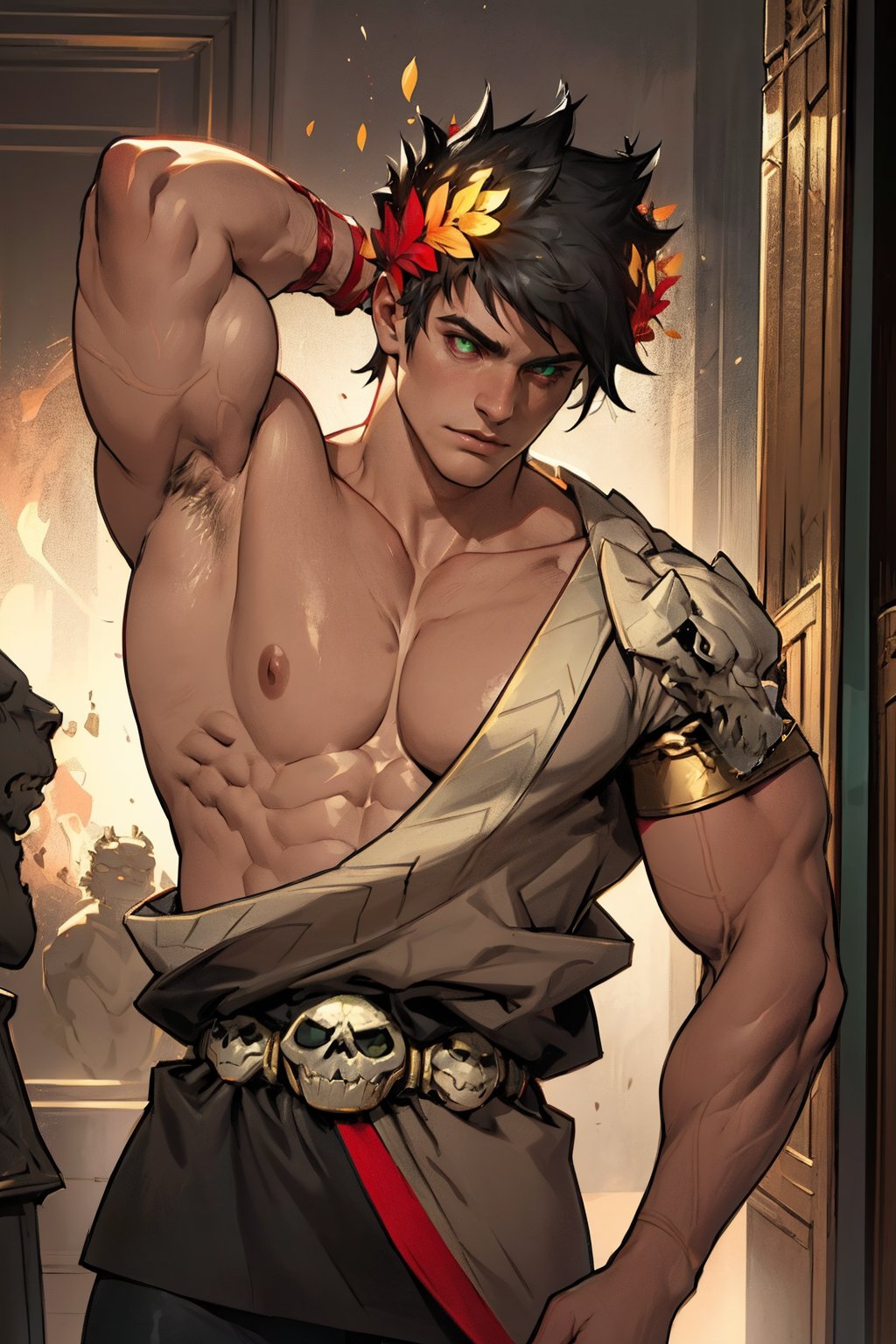 A dramatic close-up shot of Zagreus, a strong and mysterious figure, wearing a laurel crown. He's a single-broader with black hair, sporting heterochromia with a striking green left eye and fiery red right eye. His muscular physique is on full display, with bulging muscles accentuating his broad shoulders and defined arms. The lighting is soft and golden, highlighting the intricate details of his chiseled features. In the center, his skull stands out, framed by the laurel leaves, as if symbolizing power and wisdom.