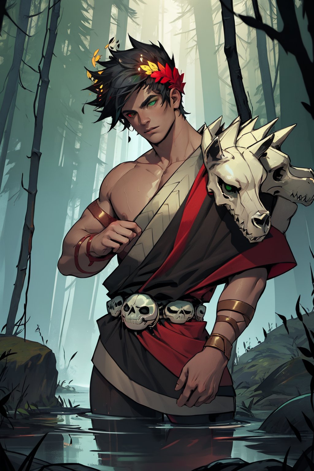 A dark, mystical forest serves as the backdrop for Zagreus, a powerful male figure. He wears a laurel crown on his brow, and his black hair falls to his shoulders like a waterfall of night. His eyes are a striking display of heterochromia, with his left eye glowing green and his right eye blazing red. His muscular physique is accentuated by the Single bare shoulder, showcasing his impressive buff body. The skull-like face stands out against the dimly lit forest, as if bathed in an otherworldly aura.