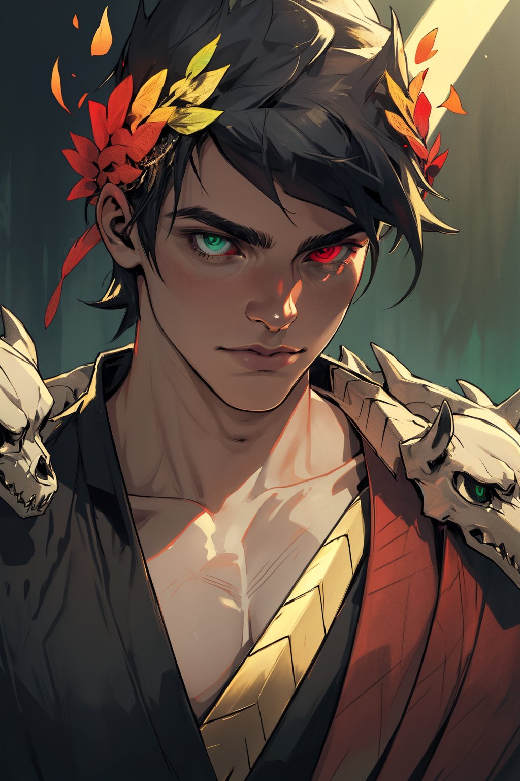 A hauntingly beautiful shot of Zagreus,  a dark-haired boy adorned with a laurel crown. He poses proudly,  his muscular ph...