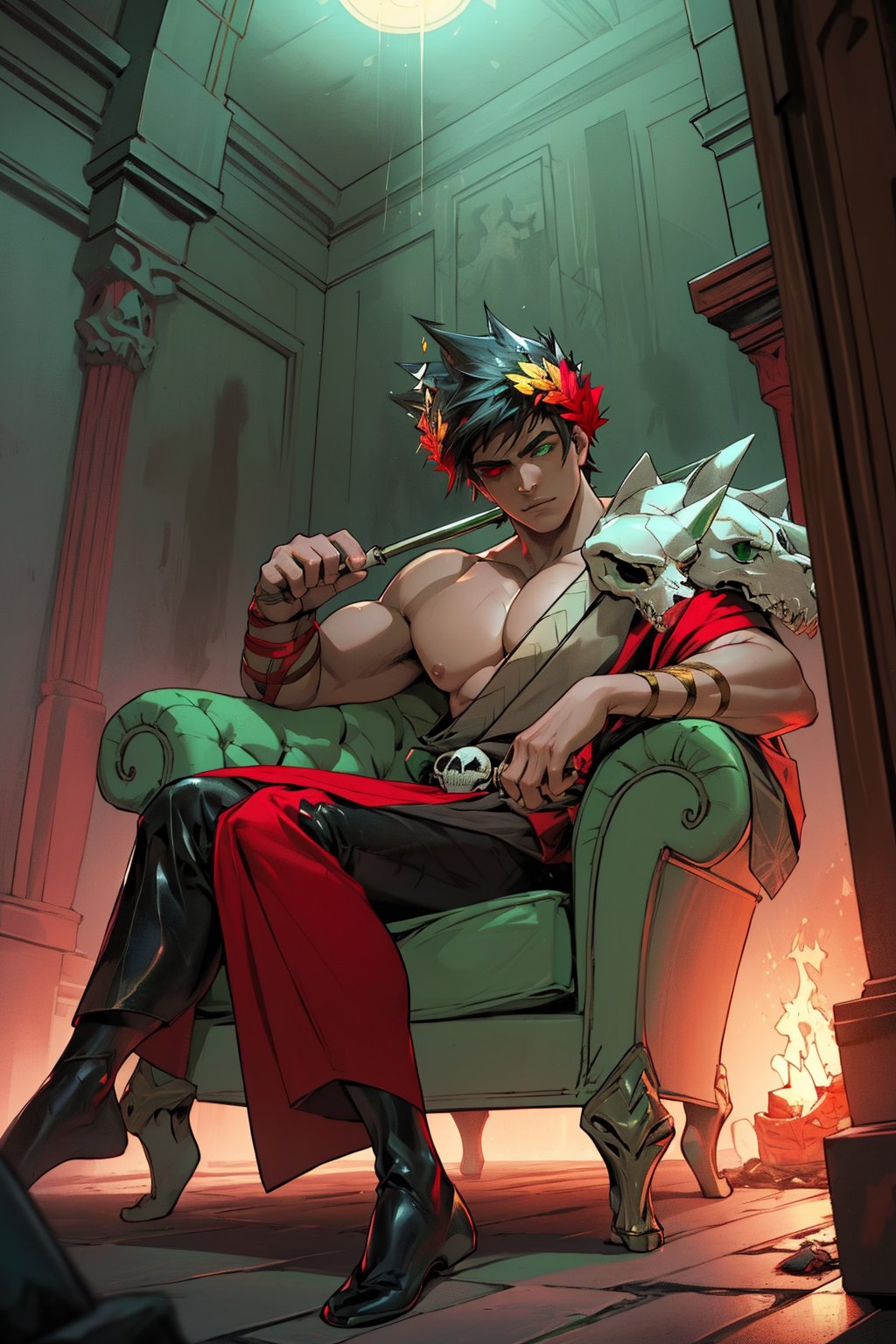 A dark and mystical scene unfolds: Zagreus,  a brooding figure with jet-black hair and a laurel crown,  dominates the fram...
