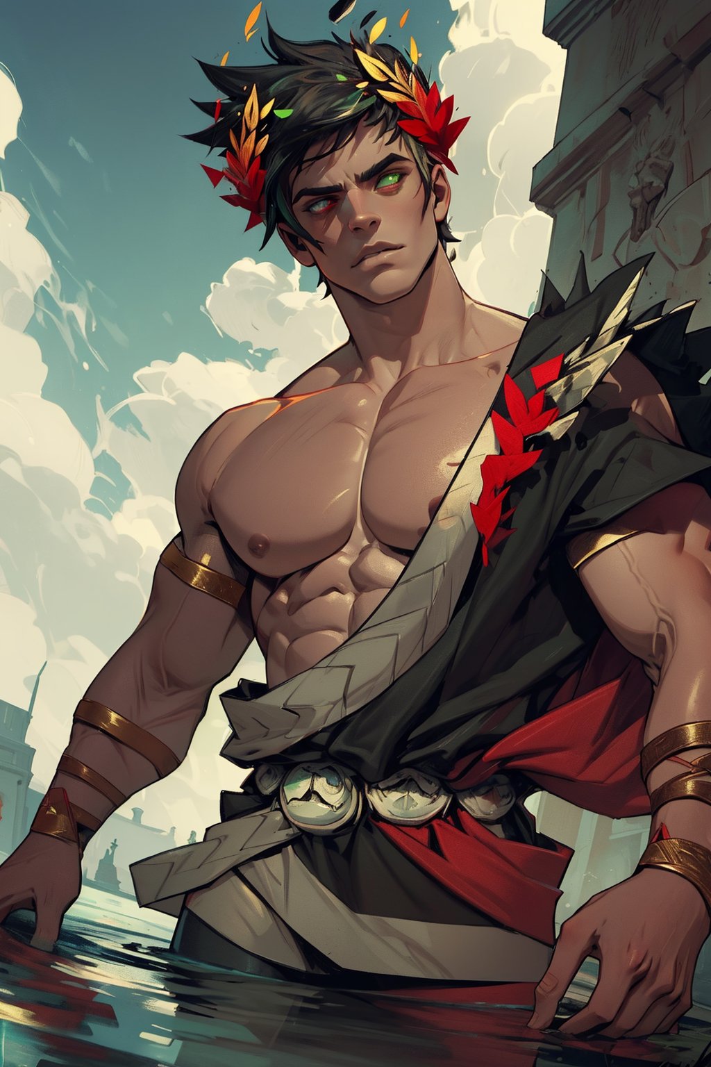 A dramatic shot of Zagreus, a powerful male figure, with a laurel crown atop his dark-haired head. His gaze is intense, with left eye shining bright green and right eye blazing red, showcasing heterochromia. Muscular physique on full display, with buffed arms and broad shoulders bare to the side, emphasizing his imposing stature.