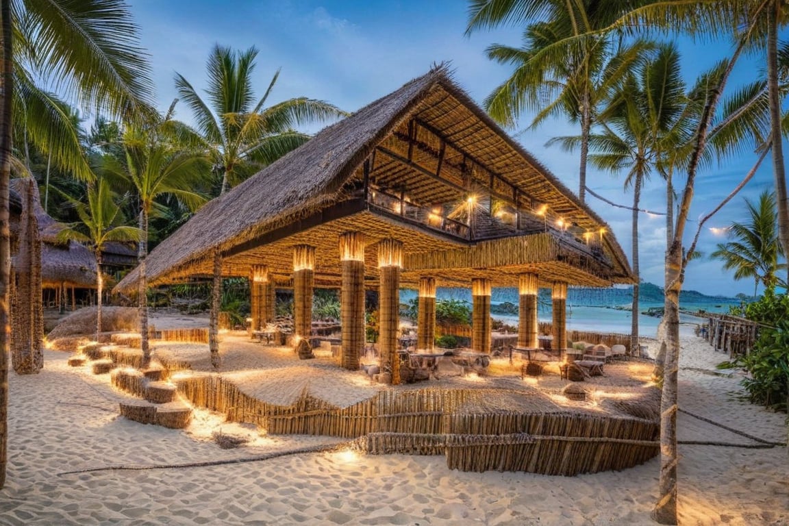 there is a thatched hut on the beach with chairs and tables, beach bar, (bamboo column), in a beachfront environment, bamboo huts, beach setting, wonderful masterpiece, restaurant in background, inspiring, thatched roof, un restaurant avec une terrasse, tropical location, thatched roofs, exterior shot, pavilion, awe - inspiring award - winning, vincent callebaut Rural house in sounth Vietnam, (day:1.1), coconut tree, tree in sounth Vietnam, tropical plants, light interior, warm lighting, blue sky, bokeh, soft light effects, morning mist, serene mood Raw photo,Masterpiece, high quality, best quality, authentic, super detail,