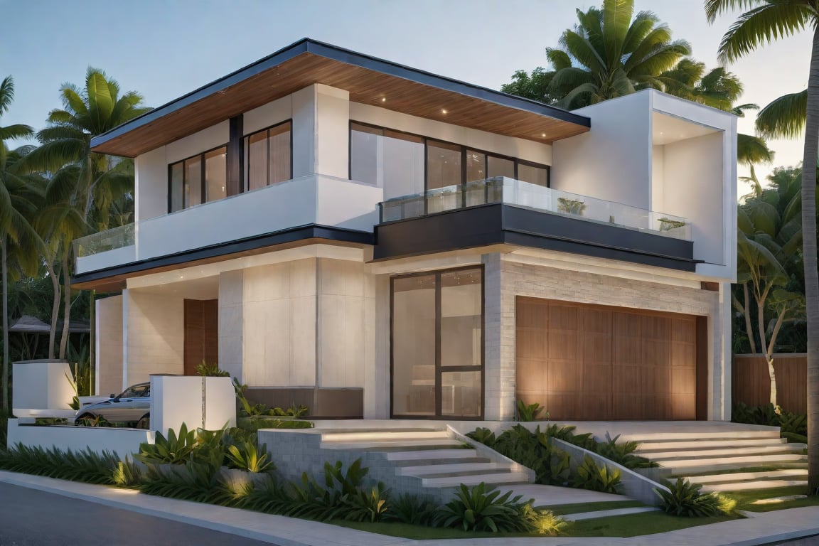 exterior house, contemporary style, white wall, wood wall, wood door, glass window, (realistic:1.2), Masterpiece, high quality, best quality, authentic, super detail, outdoors,road, trees, sky, cloud, (daylight:1.1), modern luxury villa, coconut trees, landscape, along the white beach, clear sky, day time, warm lighting RAW Photo, RAW texture, Super Realistic, 32K UHD, DSLR, soft lighting, high quality, film rating, Fujifilm XT3,Modern, Residential Architecture, ((GLASS RAILING : 1.3))