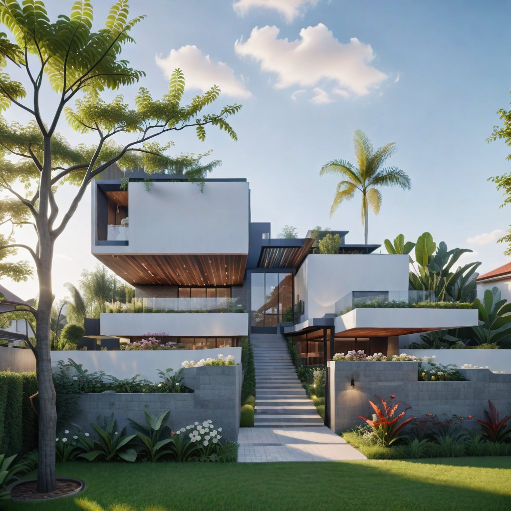 (masterpiece),(high quality), best quality, real,(realistic), super detailed, (full detail),(4k),8k,modern house exterior design,Modern architecture,Beautiful_sky,Day light, no_humans, outdoors,sky,tree,Garden flower front of building, ARIEL VIEW