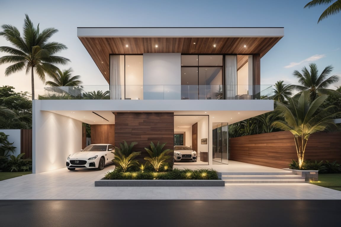 exterior house, contemporary style, white wall, wood wall, wood door, glass window, (realistic:1.2), Masterpiece, high quality, best quality, authentic, super detail, outdoors,road, trees, sky, cloud, (daylight:1.1), modern luxury villa, coconut trees, landscape, along the white beach, clear sky, day time, warm lighting RAW Photo, RAW texture, Super Realistic, 32K UHD, DSLR, soft lighting, high quality, film rating, Fujifilm XT3,Modern, Residential Architecture, ((GLASS RAILING : 1.3))