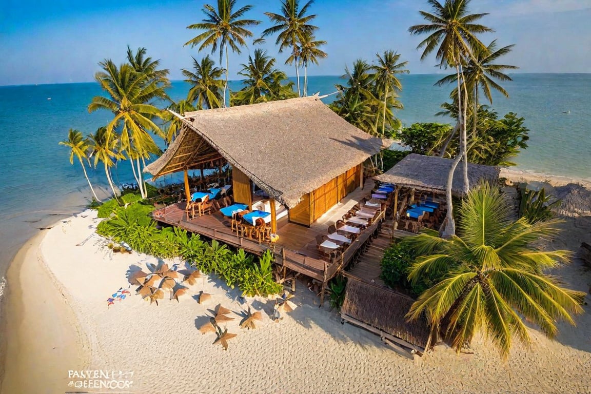 there is a thatched hut on the beach with chairs and tables, beach bar, (bamboo column), in a beachfront environment, bamboo huts, beach setting, wonderful masterpiece, restaurant in background, inspiring, thatched roof, un restaurant avec une terrasse, tropical location, thatched roofs, exterior shot, pavilion, awe - inspiring award - winning, vincent callebaut Rural house in sounth Vietnam, (day:1.1), coconut tree, tree in sounth Vietnam, tropical plants, light interior, warm lighting, blue sky, bokeh, soft light effects, morning mist, serene mood Raw photo,Masterpiece, high quality, best quality, authentic, super detail,