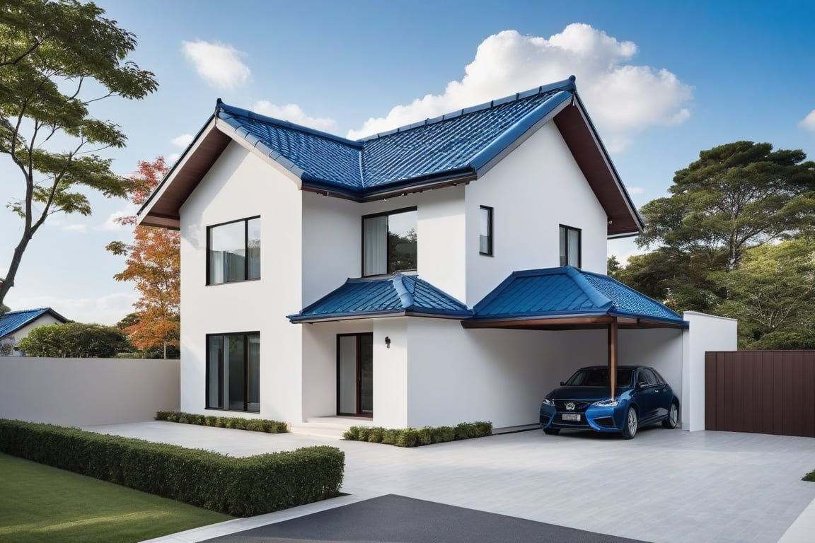 Raw photo,Masterpiece, high quality, best quality, authentic, super detail, exterior, outdoors, house style modern on the street,pavement, grass, trees, sky, cloud, (day:1.1), ((MIX WHITE AND Chocolate style color : 1.3)); (((BLUE COLOR STYLE ROOF TILES : 1.7))), This two-story (town house :1.5) , with a 5-meter-wide frontage, captivates with its refined Japanese-inspired roof design. The façade, simple yet elegant, features clean lines and large windows that invite natural light to pour into the living spaces. 