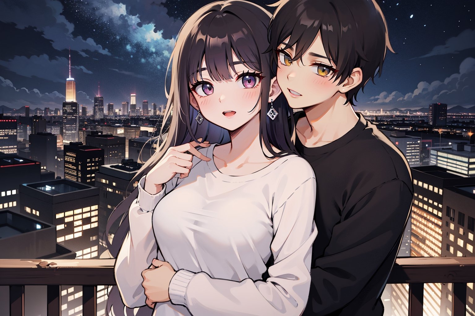 1girl, 1boy, long_hair, hug, night, black_hair, Man_hugs_girl_from_behind, shirt, hetero, looking_at_viewer, brown_hair, night_sky, couple, sky, long_sleeves, jewelry, earrings, cityscape,