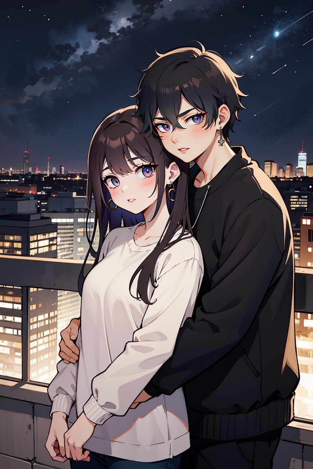 1girl, 1boy, long_hair, hug, night, black_hair, Man_hugs_girl_from_behind, shirt, hetero, looking_at_viewer, brown_hair, night_sky, couple, sky, long_sleeves, jewelry, earrings, cityscape,