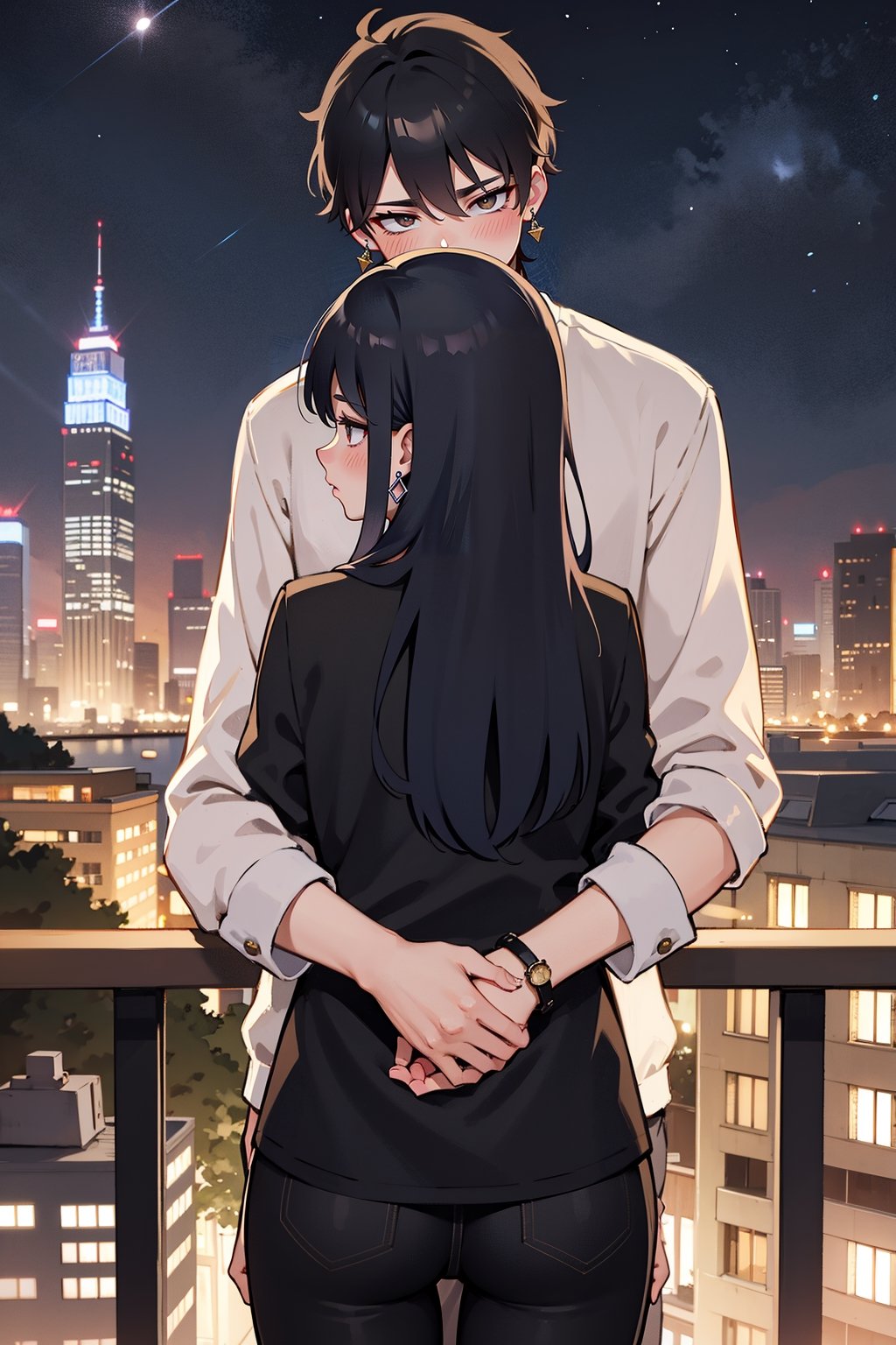 1girl, 1boy, long_hair, hug, night, black_hair, Man_hugs_girl_from_behind, shirt, hetero, looking_at_viewer, brown_hair, night_sky, couple, sky, long_sleeves, jewelry, earrings, cityscape,