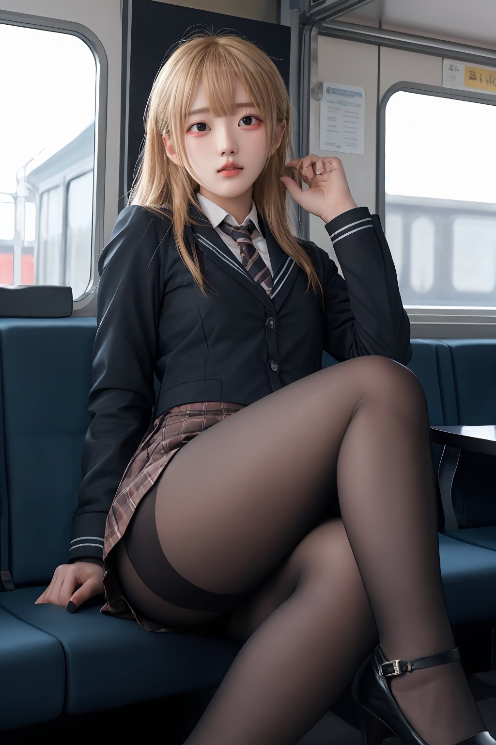 1 girl, beautiful face, face focus, solo, thighs, high heels, tight secretary skirt, looking at viewer, bag, sitting, skirt, backpack, blond hair, jacket, train interior, up skirt, long hair, bangs, lips parted, office uniform, cameltoe, more details, Secretary_uniform,high heels, stockings,black pantyhose,japanese girl, ,black_footwear,girl,kathrynnewton,leg_spread,