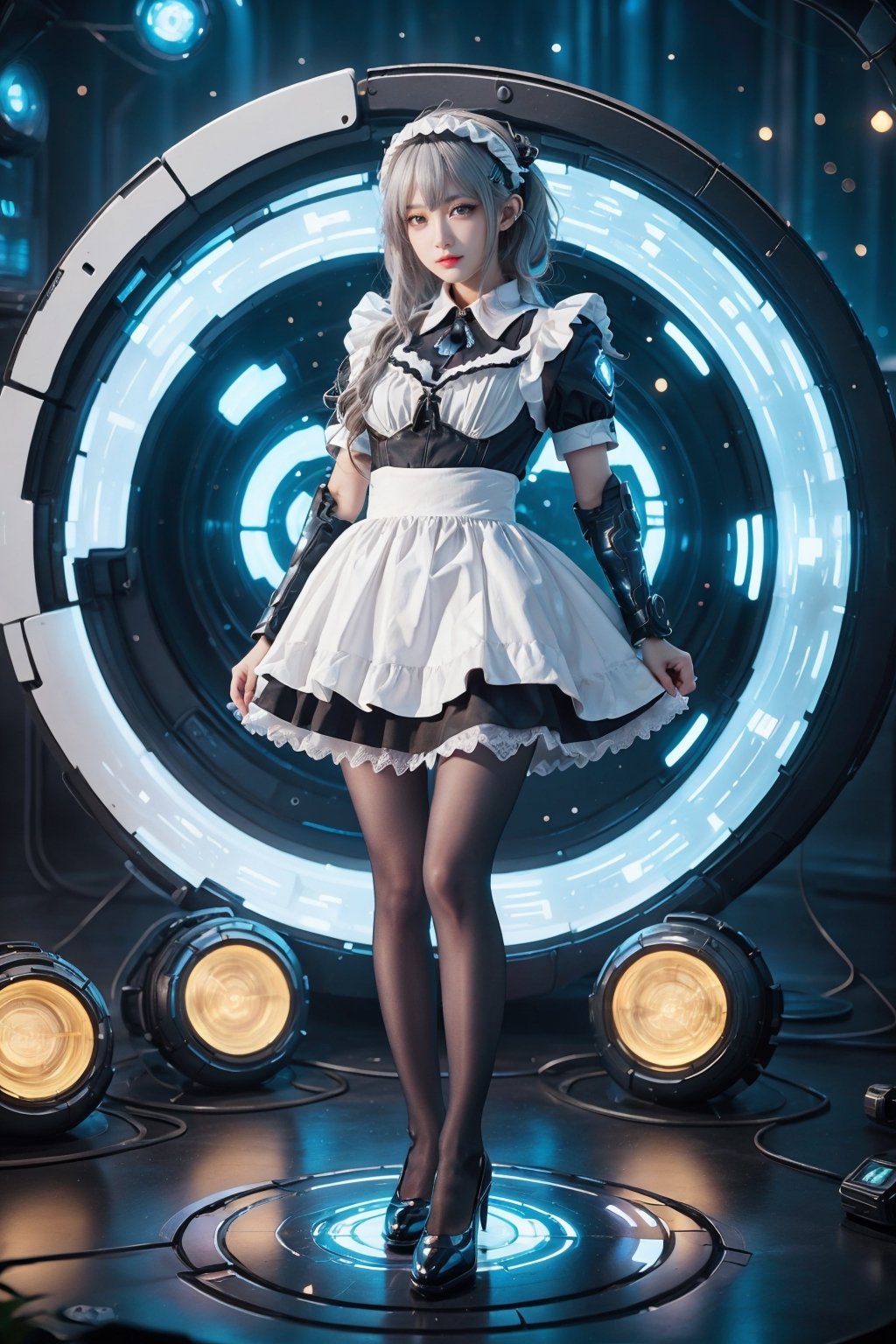 Best quality, high resolution, 8k, photorealistic, sharp focus, realistic image of elegant white haired lady, blue eyes, the lady wearing white future armor, shiny skin, ice theme, Blury_light_background, EpicSky, 1 girl,Mecha Anime Figurine,girl,putting_on_shoes,sailor_girls,maid attire,black pantyhose,high heels