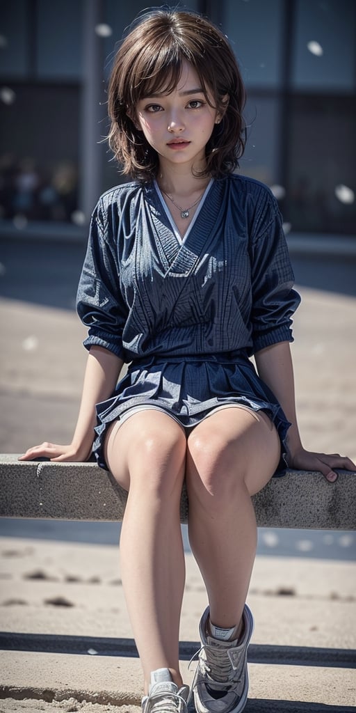 17yo little Japanese girl,1girl, slim figure ,brown blonde hair, short straight hair, tossing hair ,( Hair floating in the air) ,Japanese schools uniform ,sneakers, hot body, sit on the steps ,sitting on stairs ,outside,outdoor,Japanese old stree, Showing thighs, falling_snow ,(snowing), accessories(necklace,ear_rings), Best Quality, 32k,colorful,photorealistic, ultra-detailed, finely detailed, high resolution, perfect dynamic composition, beautiful detailed eyes, sharp-focus, cowboy_shot, Beautiful face, 8K, HDR, masterpiece, hyper-realistic, a little lolicon tween girl with a hot body, sensual, seductive, bright background,petite,cute, lolicon.Erotic images by David Dubnitskiy,micro miniskirt,Tomboy,short hair,more detail ,cute_girl,1 girl ,school uniform,tight mini skirt,pornstar,best quality