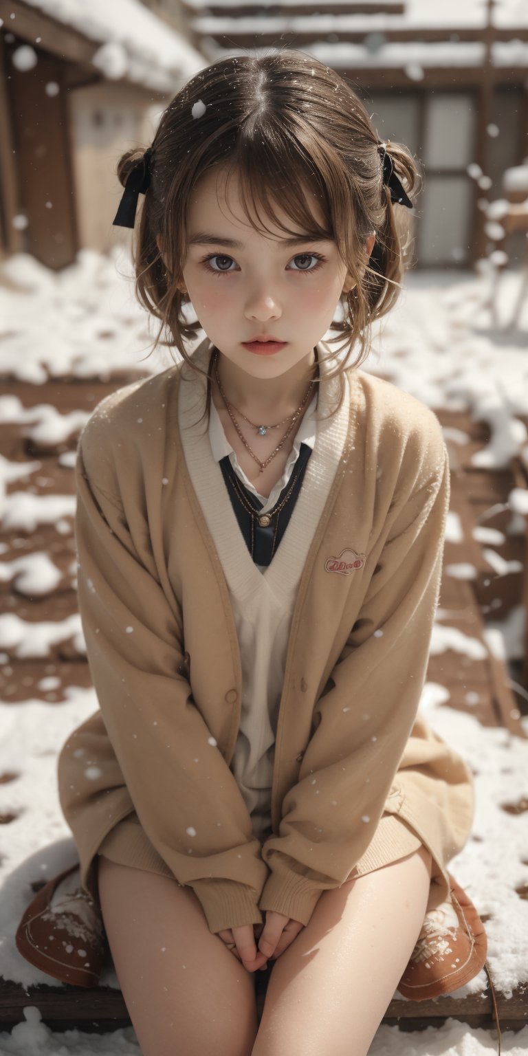 11yo little Japanese girl,brown blonde hair, short hair,wearing Japanese schools uniform ,sneakers, hot body, sitting on stairs ,outside,outdoor,Japanese old stree, horizon, snow ,snowing, accessories(necklace,ear_rings), Best Quality, 32k, photorealistic, ultra-detailed, finely detailed, high resolution, perfect dynamic composition, beautiful detailed eyes, sharp-focus, cowboy_shot, Beautiful face, 8K, HDR, masterpiece, hyper-realistic, a little lolicon tween girl with a hot body, sensual, seductive, petite,cute, lolicon.Erotic images by David Dubnitskiy,micro miniskirt