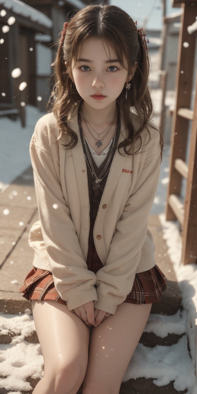 17yo little Japanese girl,brown blonde hair, short straight hair,wearing Japanese schools uniform ,sneakers, hot body, sitting on stairs ,outside,outdoor,Japanese old stree, horizon, snow ,snowing, accessories(necklace,ear_rings), Best Quality, 32k, photorealistic, ultra-detailed, finely detailed, high resolution, perfect dynamic composition, beautiful detailed eyes, sharp-focus, cowboy_shot, Beautiful face, 8K, HDR, masterpiece, hyper-realistic, a little lolicon tween girl with a hot body, sensual, seductive, petite,cute, lolicon.Erotic images by David Dubnitskiy,micro miniskirt