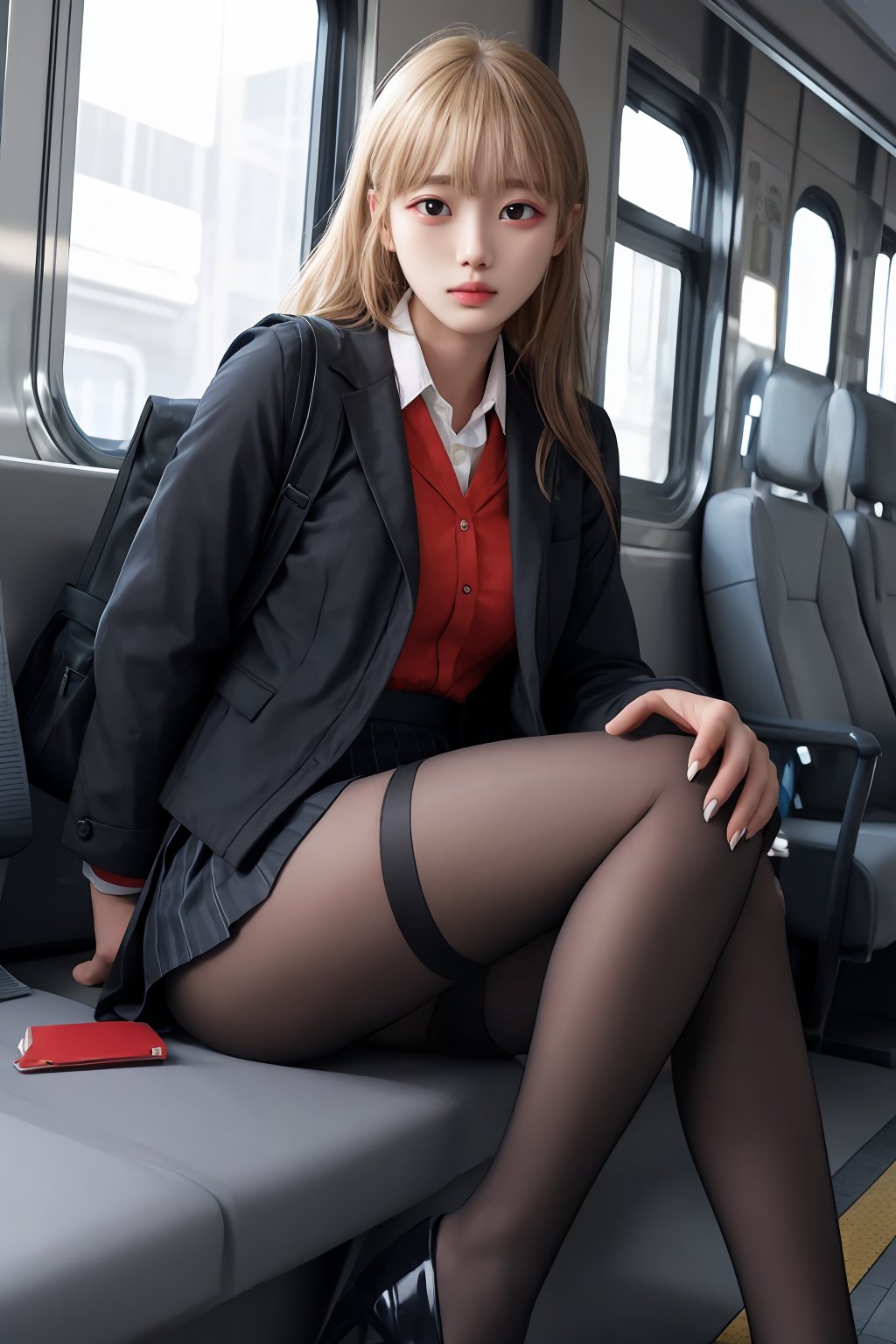 1 girl, beautiful face, face focus, solo, thighs, high heels, tight secretary skirt, looking at viewer, bag, sitting, skirt, backpack, blond hair, jacket, train interior, up skirt, long hair, bangs, lips parted, office uniform, cameltoe, more details, Secretary_uniform,high heels, stockings,black pantyhose,japanese girl, ,black_footwear,girl,kathrynnewton,leg_spread,