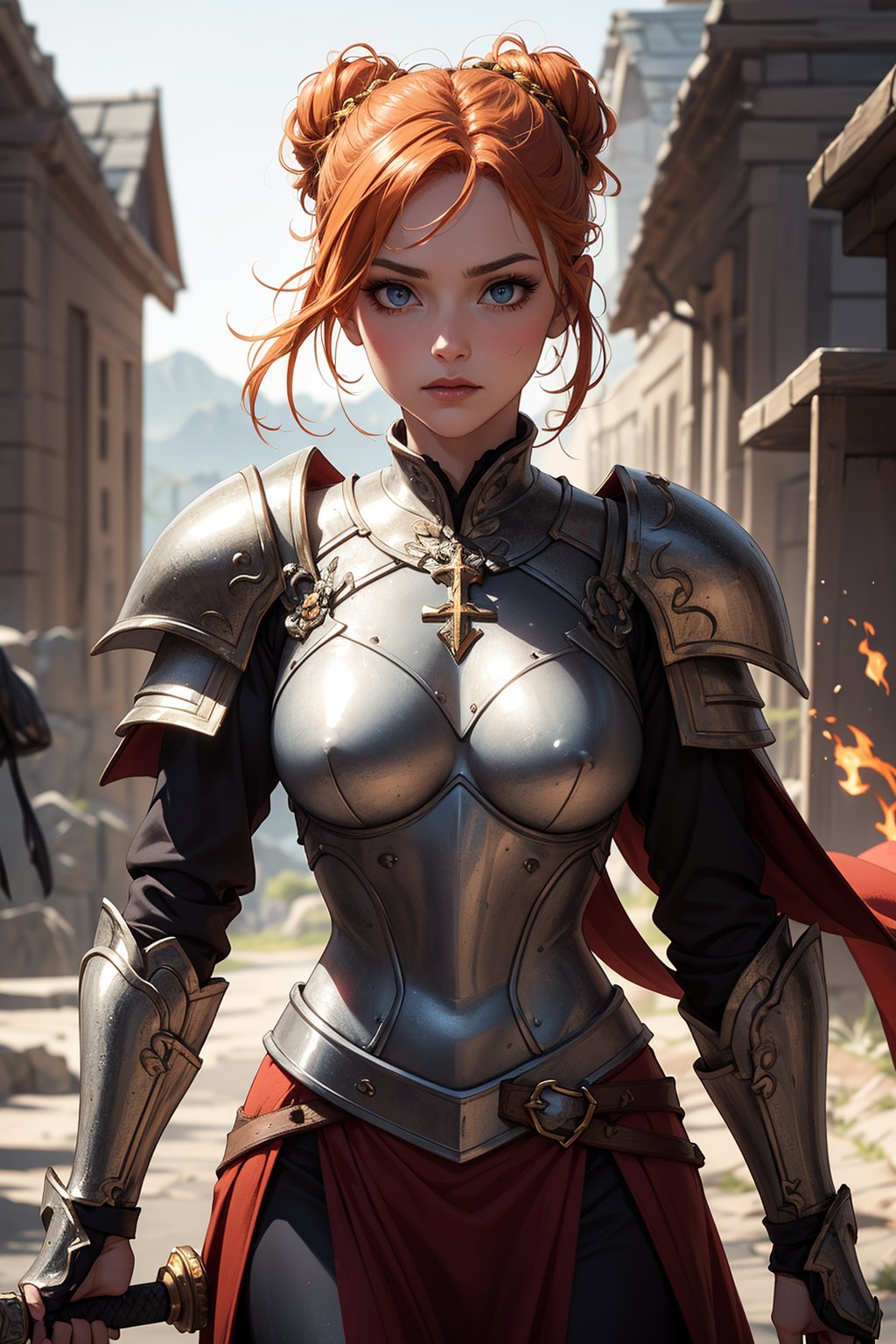 A regal maiden with locks of fiery orange hair tied into a bun, poses in a dramatic medieval landscape and gazes out at the viewer. She stands resolute, clad in gleaming white paladin armor adorned with intricate carvings and golden crosses, her eyes glowing with devotion. Her slender hands grip the hilt of her holy sword, which is held steady in front of her as if ready to vanquish any darkness that dares to approach. The soft spotlight of warm golden light casts a flattering glow on her porcelain skin, while the rugged terrain behind her serves as a striking backdrop for this vision of valor and virtue.