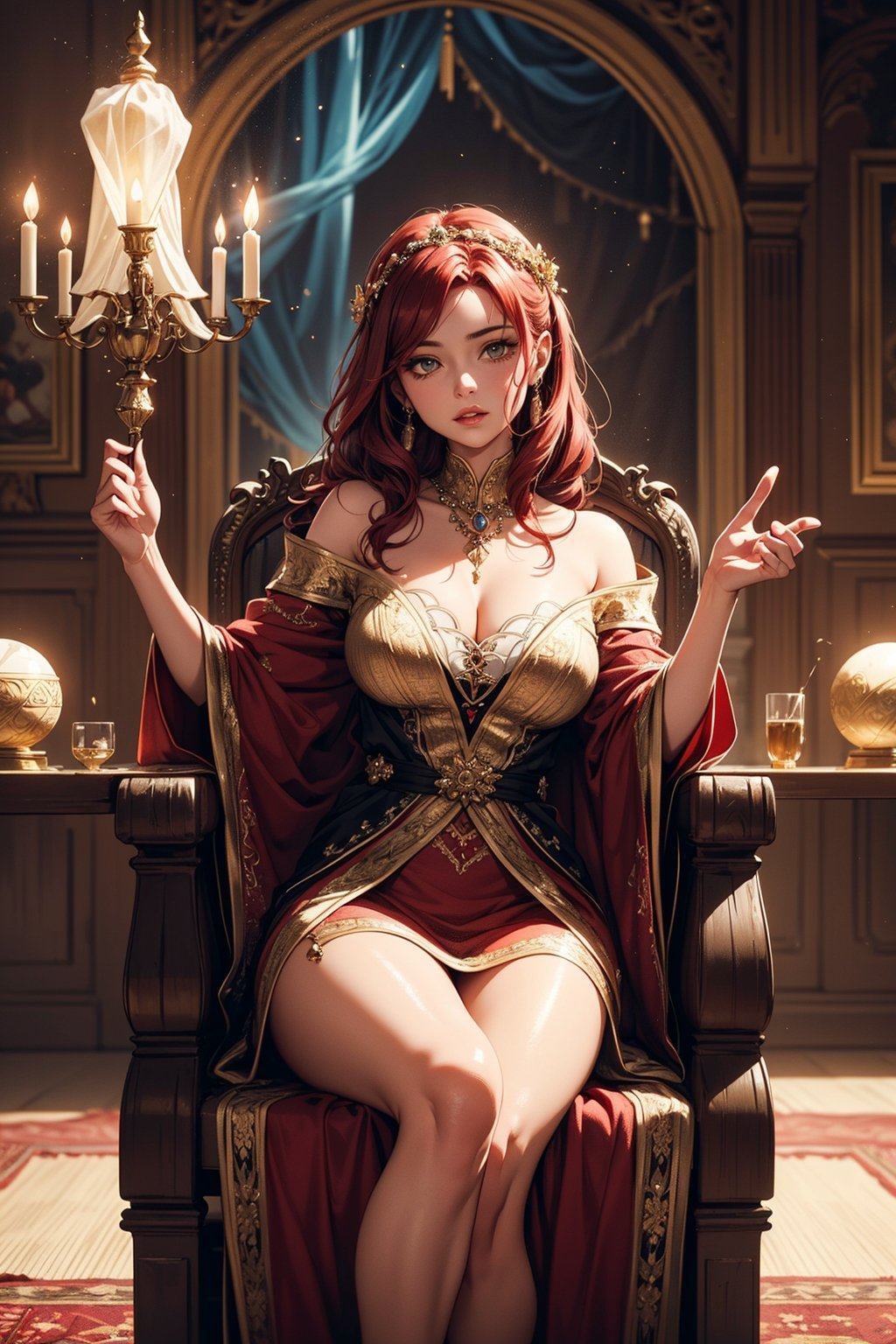 "A powerful sorceress with vibrant, flowing red hair that cascades down her shoulders, seated gracefully in a plush, ornate armchair. She is dressed in an elegant, flowing robe with intricate gold detailing, reflecting a Greco-Roman aesthetic. The room around her is warmly lit, adorned with rich tapestries and mystical artifacts that hint at her magical prowess. Her expression is focused and contemplative as she gestures with one hand, weaving a spell in the air. Glowing orbs of light hover nearby, casting a soft glow that adds to the enchanting atmosphere of the scene."