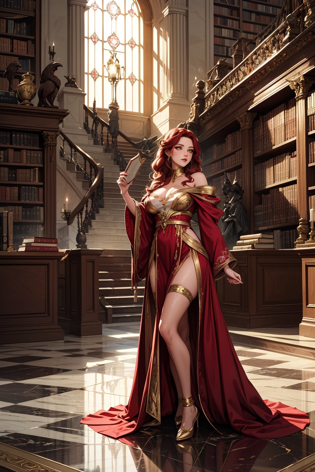 "A powerful sorceress in a grand library, with vibrant red hair flowing loosely cascading over her shoulders. She is dressed in an elegant flowing robe with intricate gold detailing, reflecting a Greco-Roman aesthetic. The library is filled with ancient books and scrolls, with tall marble columns and large windows that allow soft light to stream in, creating a warm atmosphere.