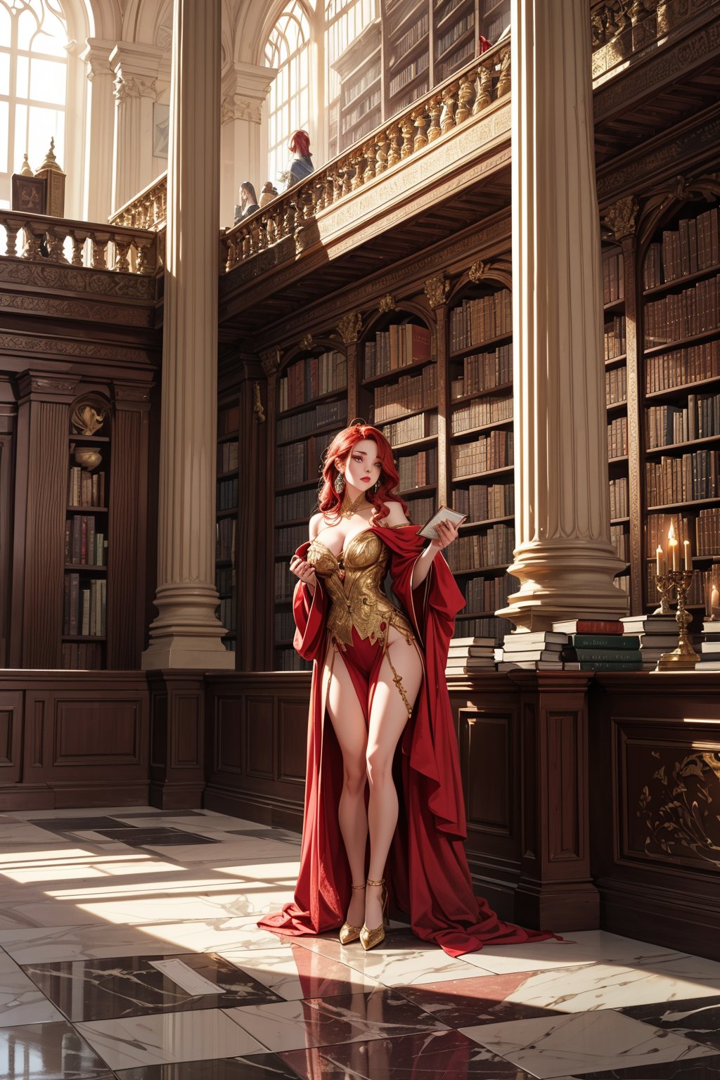 "A powerful sorceress in a grand library, with vibrant red hair flowing loosely cascading over her shoulders. She is dressed in an elegant flowing robe with intricate gold detailing, reflecting a Greco-Roman aesthetic. The library is filled with ancient books and scrolls, with tall marble columns and large windows that allow soft light to stream in, creating a warm atmosphere.