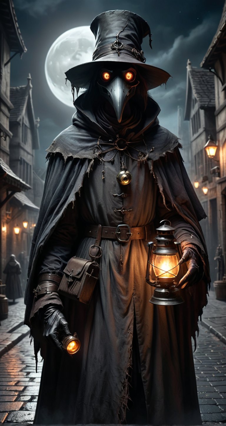 black Plague Doctor,
in dark medieval street, creepy atmosphere, dark moon night, holding lantern and potion,

hype realistic cover photo awesome full color, Cinematic, (hyper detail), perfect anatomy,
,more detail XL, (Unparalleled Masterpiece),(Ultra High Definition),(Ultra-Realistic 8k CG),