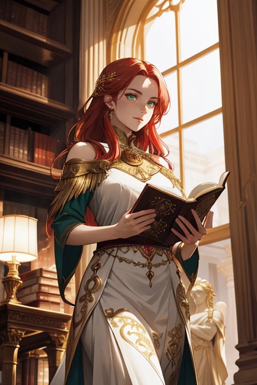 A powerful sorceress with fiery red hair stands gracefully in the center of an ancient Greco-Roman style library. Her long, flowing hair, reminiscent of flames, cascades over her shoulders, glowing softly in the warm light filtering through tall arched windows. She wears a flowing white and gold toga adorned with intricate golden embroidery, symbolizing both elegance and magical authority. The library around her is filled with towering marble columns, ornate stone carvings, and shelves lined with ancient scrolls and thick leather-bound books. In her hand, she holds a glowing tome, with magical runes subtly floating around her, hinting at her mastery of the arcane. Her piercing green eyes reflect wisdom as she studies the arcane symbols, the soft hum of magic in the air. Marble busts of philosophers and sorcerers from ancient times watch over the scene, while chandeliers above bathe the room in a soft, golden light