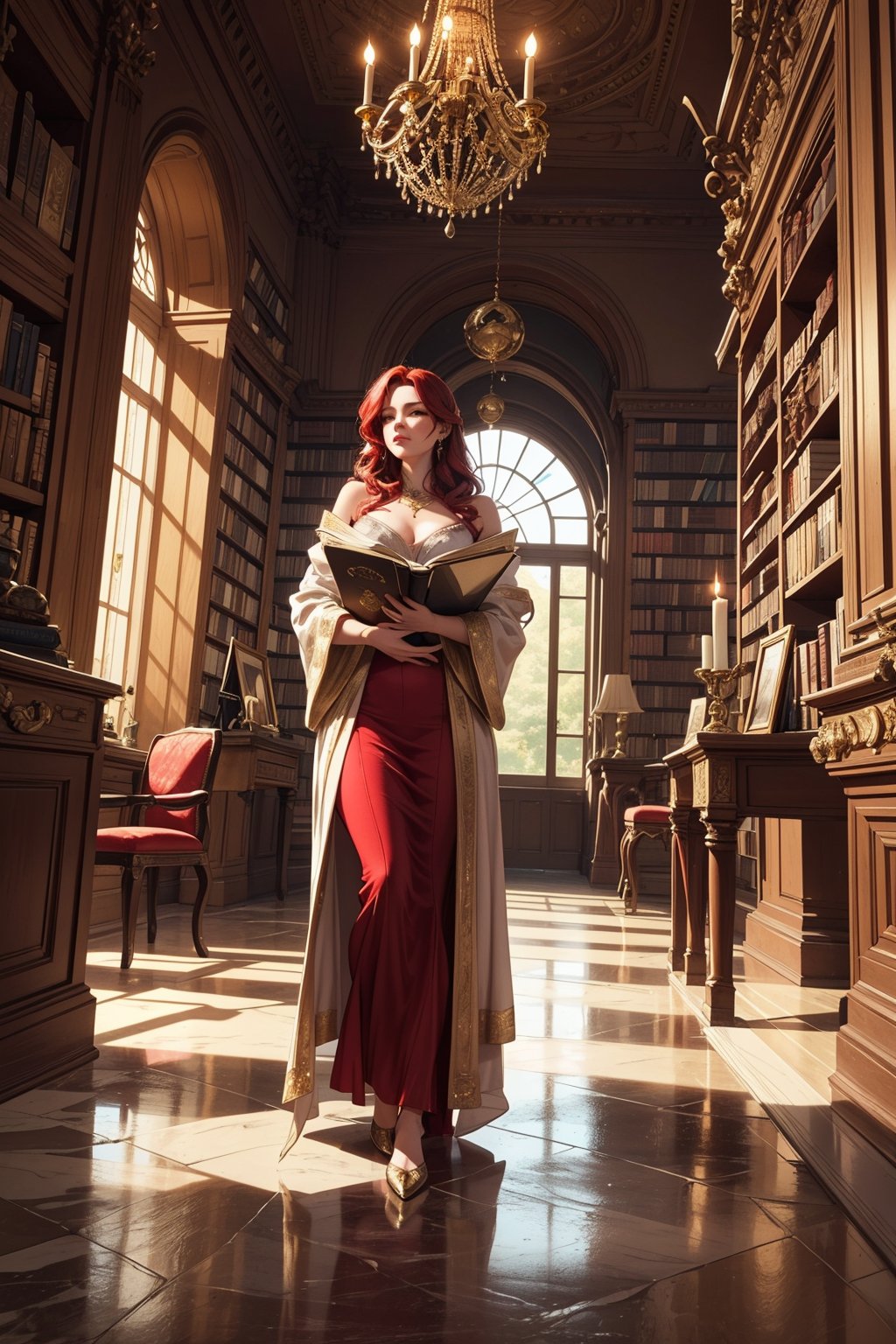 "A powerful sorceress in a grand library, with vibrant red hair flowing loosely cascading over her shoulders. She is dressed in an elegant flowing robe with intricate gold detailing, reflecting a Greco-Roman aesthetic. The library is filled with ancient books and scrolls, with tall marble columns and large windows that allow soft light to stream in, creating a warm atmosphere.