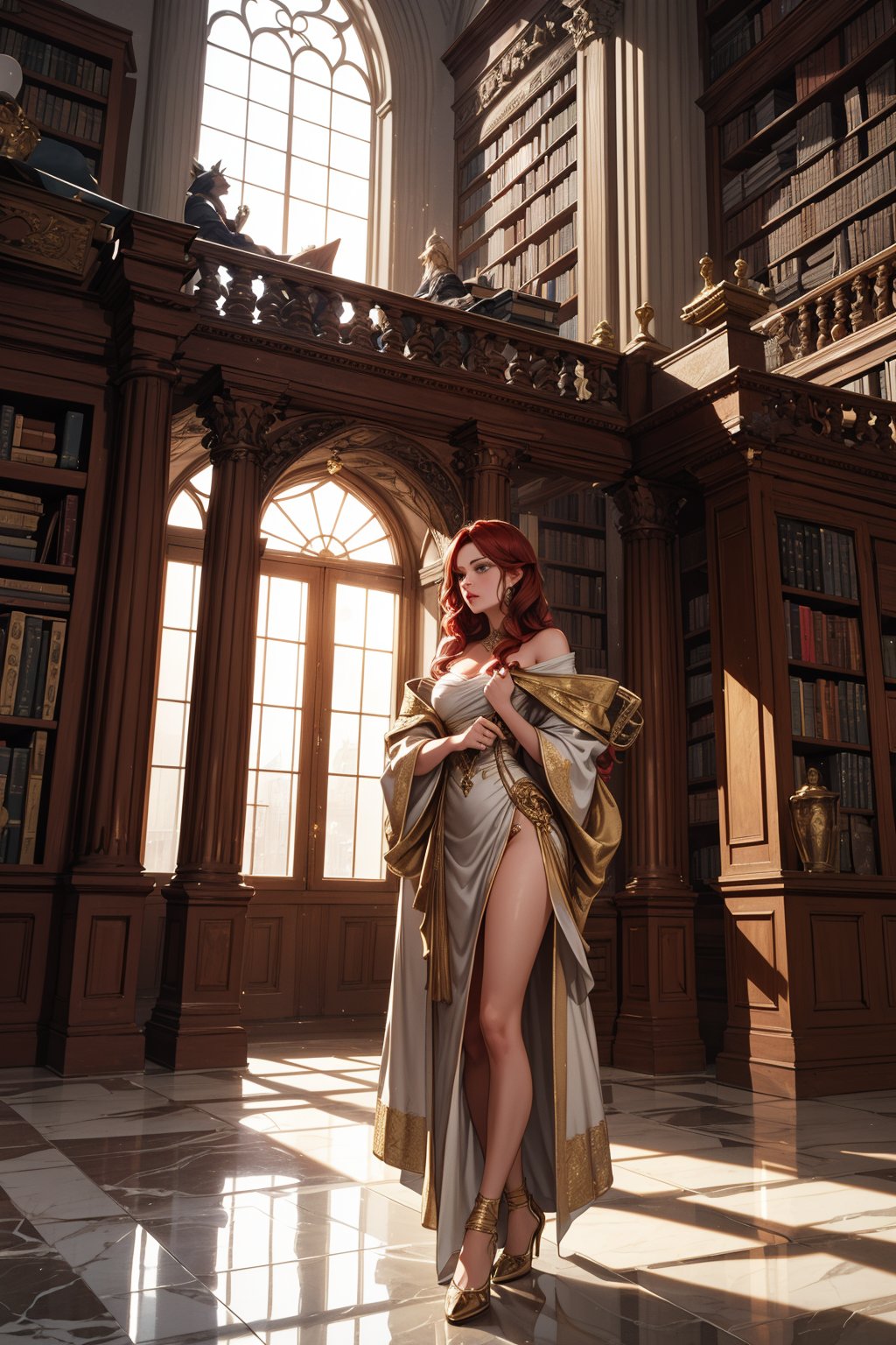 "A powerful sorceress in a grand library, with vibrant red hair flowing loosely cascading over her shoulders. She is dressed in an elegant flowing robe with intricate gold detailing, reflecting a Greco-Roman aesthetic. The library is filled with ancient books and scrolls, with tall marble columns and large windows that allow soft light to stream in, creating a warm atmosphere.