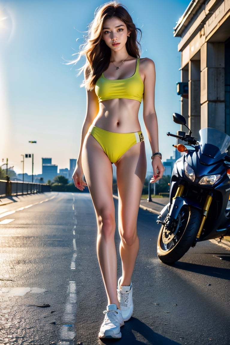 (full body shot:1.2), a 18 yo girl model in a white top and bottomless , (happy dancing next to a yamaha bike with a yellow thong), white sneakers, 1girl smile, bracelet, brown_hair, jewelry, letterboxed, lips, long_hair, makeup, medium_breasts, midriff, nail_polish, navel, necklace, nose, orange_sky, pink_shorts, realistic, shorts, solo, sun, sunset, tattoo,wristband, yellow_background, yellow_sky, beautiful detailed glow, detailed, Cinematic light, intricate detail, highres, detailed facial features, high detail, sharp focus, smooth, aesthetic, extremely detailed, stamp, octane render,colorful_girl_v2.