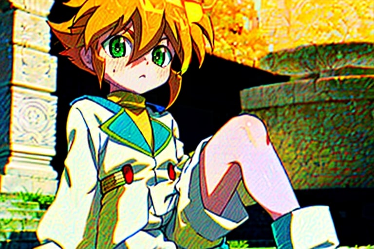 yutendo, 1boy, solo, Sexo, Horse, Polla, yellow shirt, white tunic, green eyes, orange hair, fluffy hair, pale skin, white shorts (knee-length), lapels with lime green markings, white boots (mid-calf length),