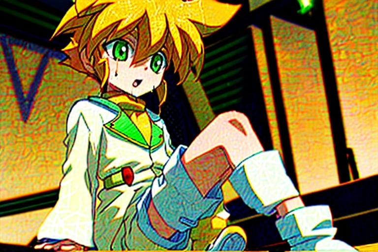 yutendo, 1boy, solo, Sexo, 1Horse, Polla, yellow shirt, white tunic, green eyes, orange hair, fluffy hair, pale skin, white shorts (knee-length), lapels with lime green markings, white boots, SEXO SEXO ANIMAL,