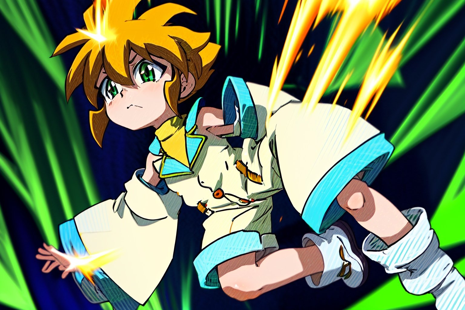 yutendo, 1boy, solo, yellow shirt, white tunic (sky blue sleeve ends), green eyes, orange hair, fluffy hair, pale skin, white shorts (knee-length), lapels with lime green markings, white boots,apathetic face, looking atviewer, best quality, amazing quality Desnudo, Bukkake